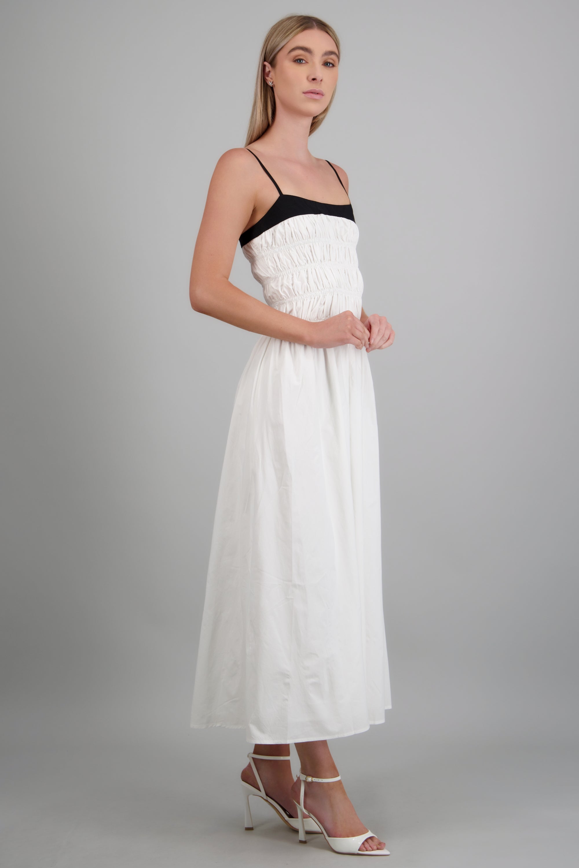 Vestido midi smock detalle contraste BLANCO COMBO