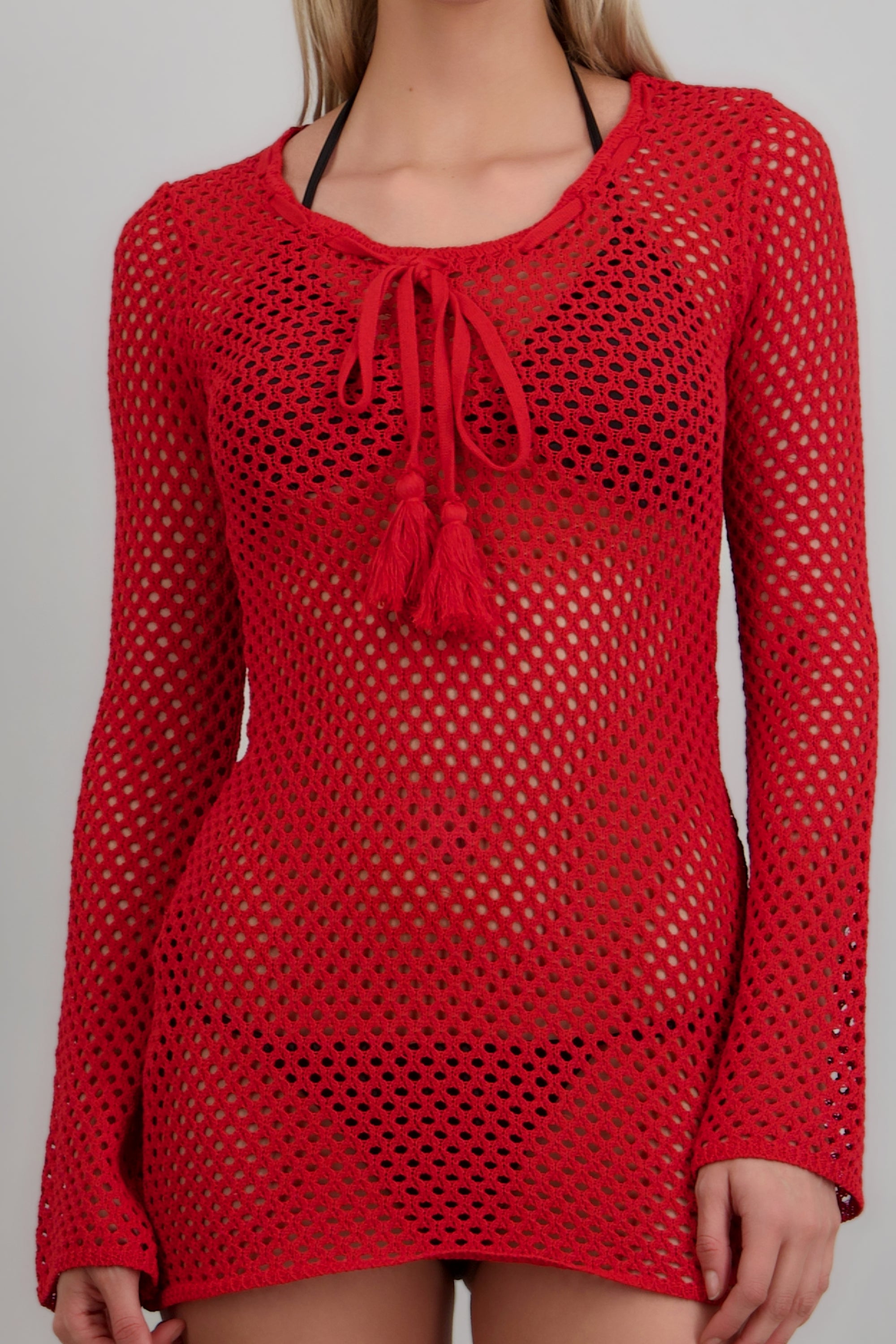 Vestido tejido crochet manga larga ROJO