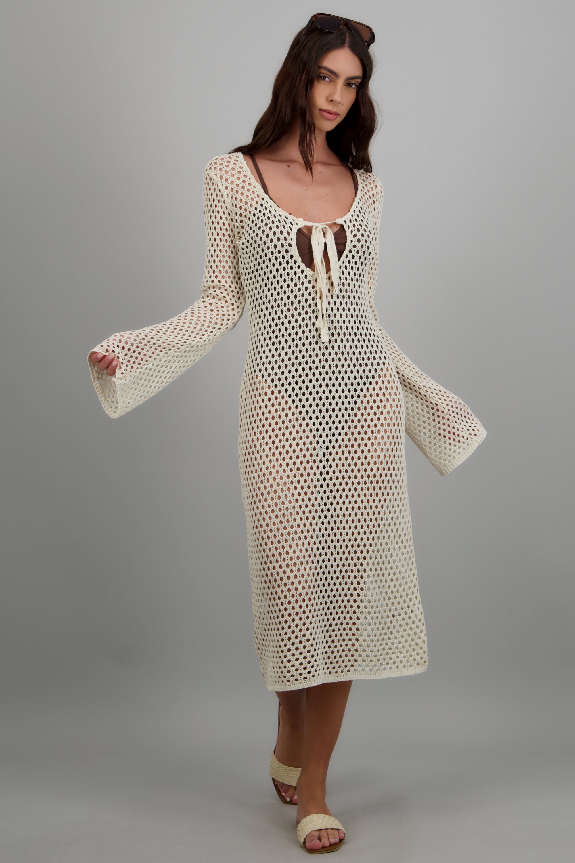 Vestido manga larga tejido maxi HUESO