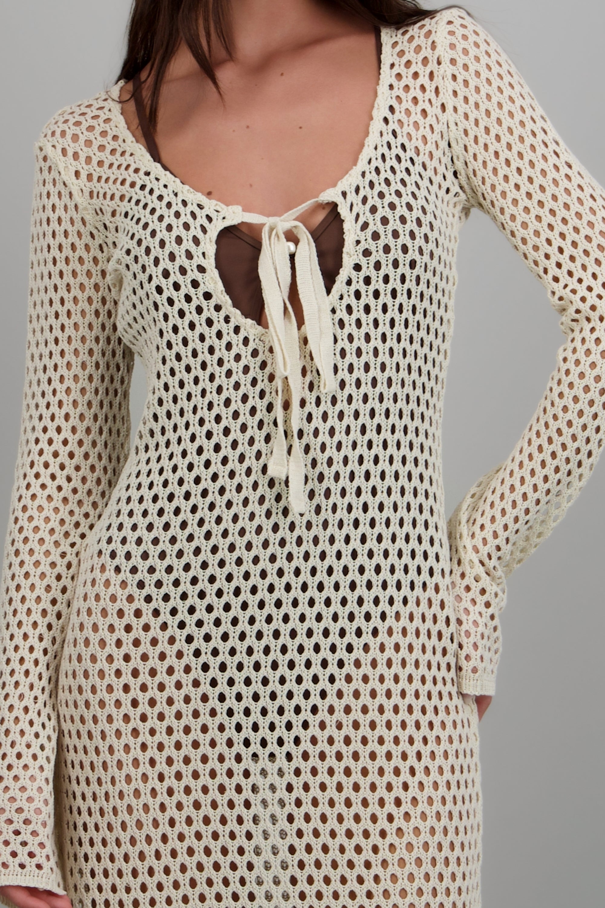 Vestido manga larga tejido maxi HUESO