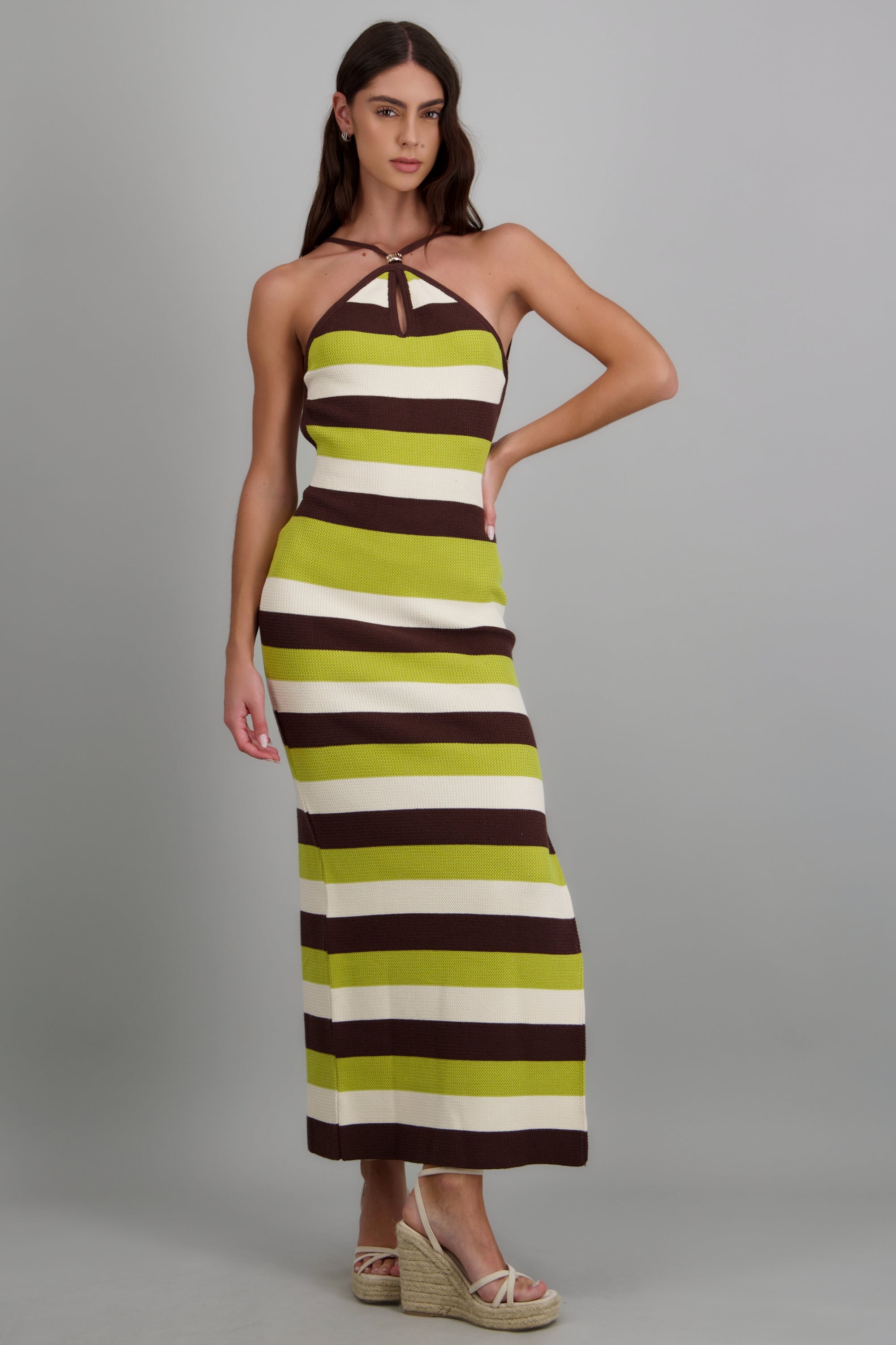 Vestido maxi líneas textura VERDE COMBO