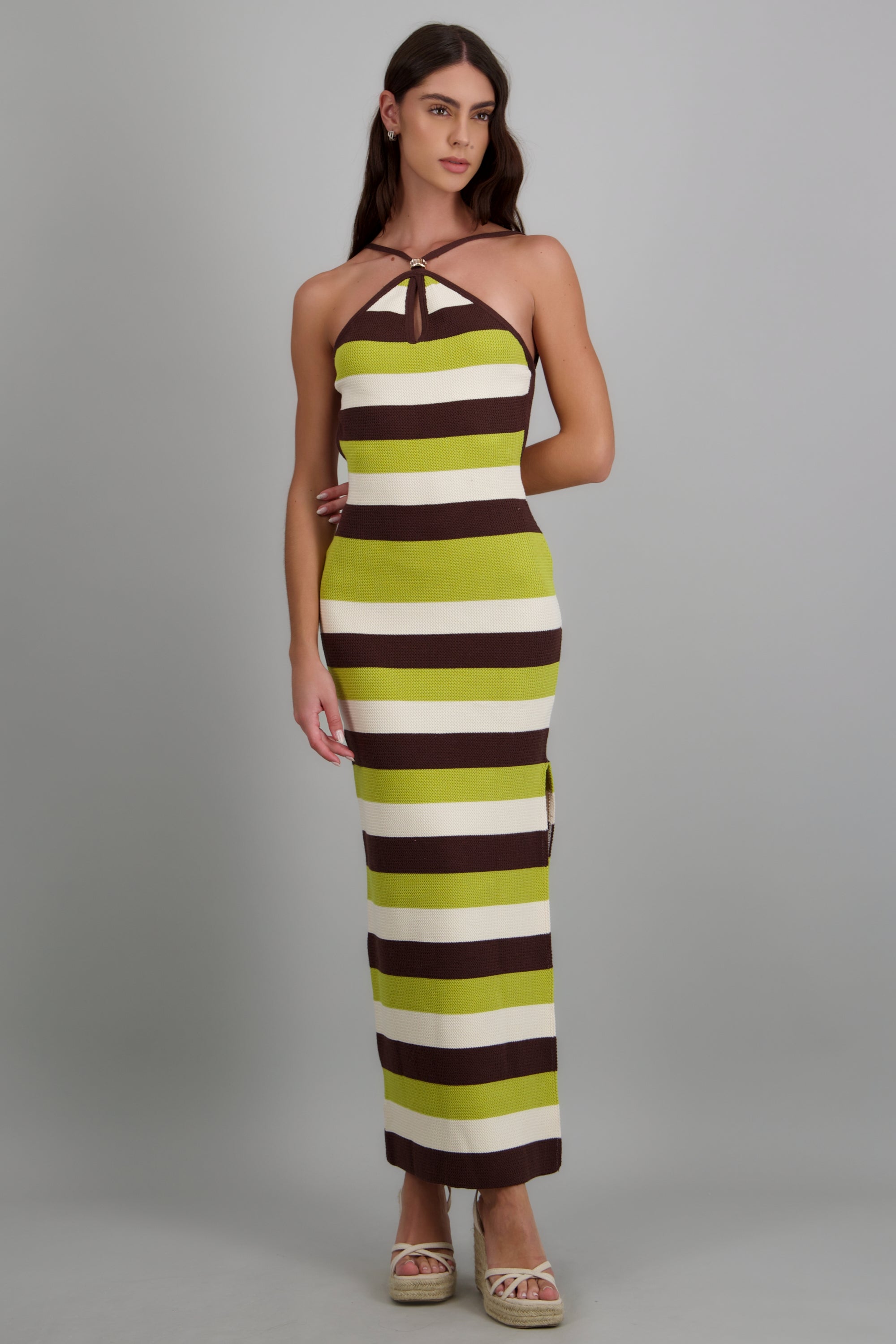 Vestido maxi líneas textura VERDE COMBO