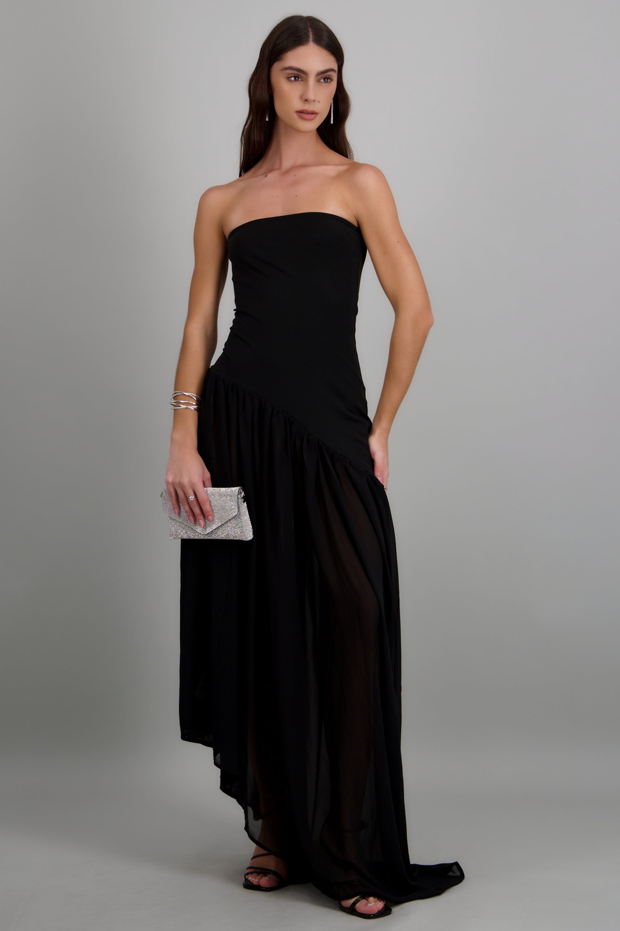 Vestido maxi straple asimétrico NEGRO