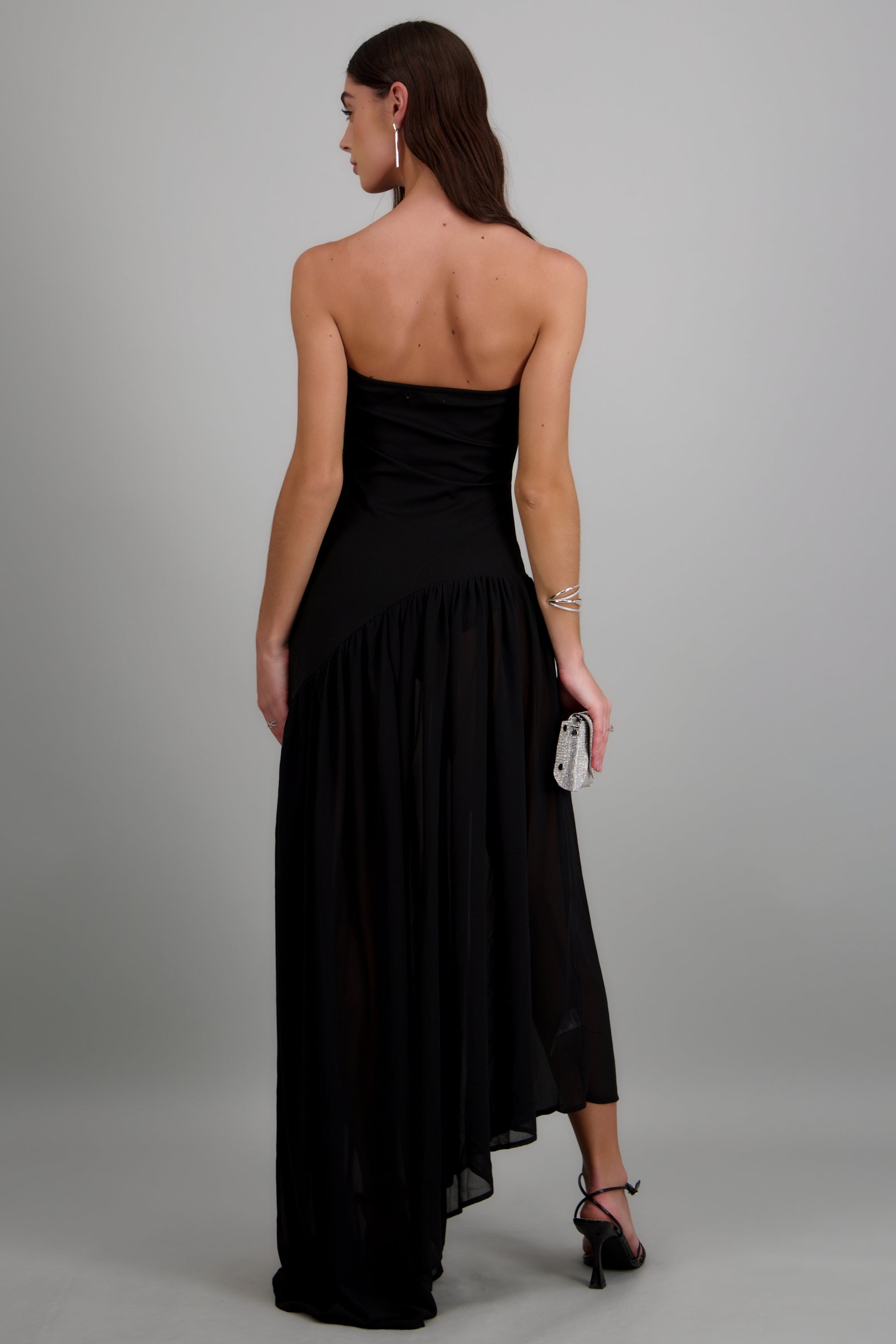 Vestido maxi straple asimétrico NEGRO