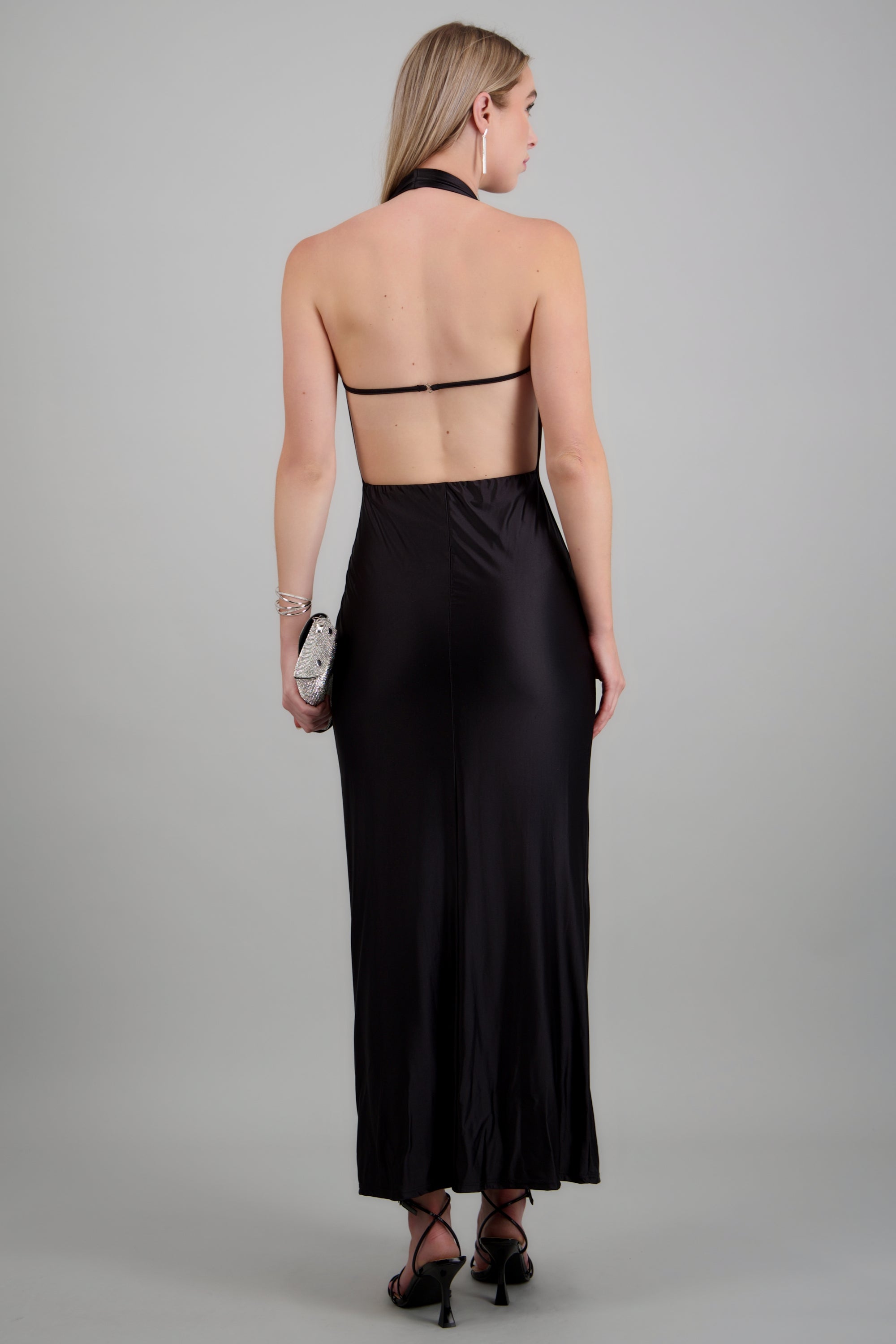 Vestido maxi escote cascada profundo NEGRO