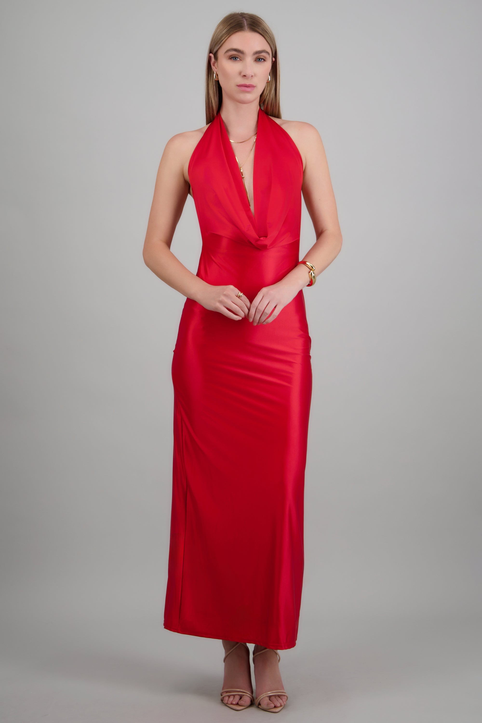Vestido maxi escote cascada profundo ROJO