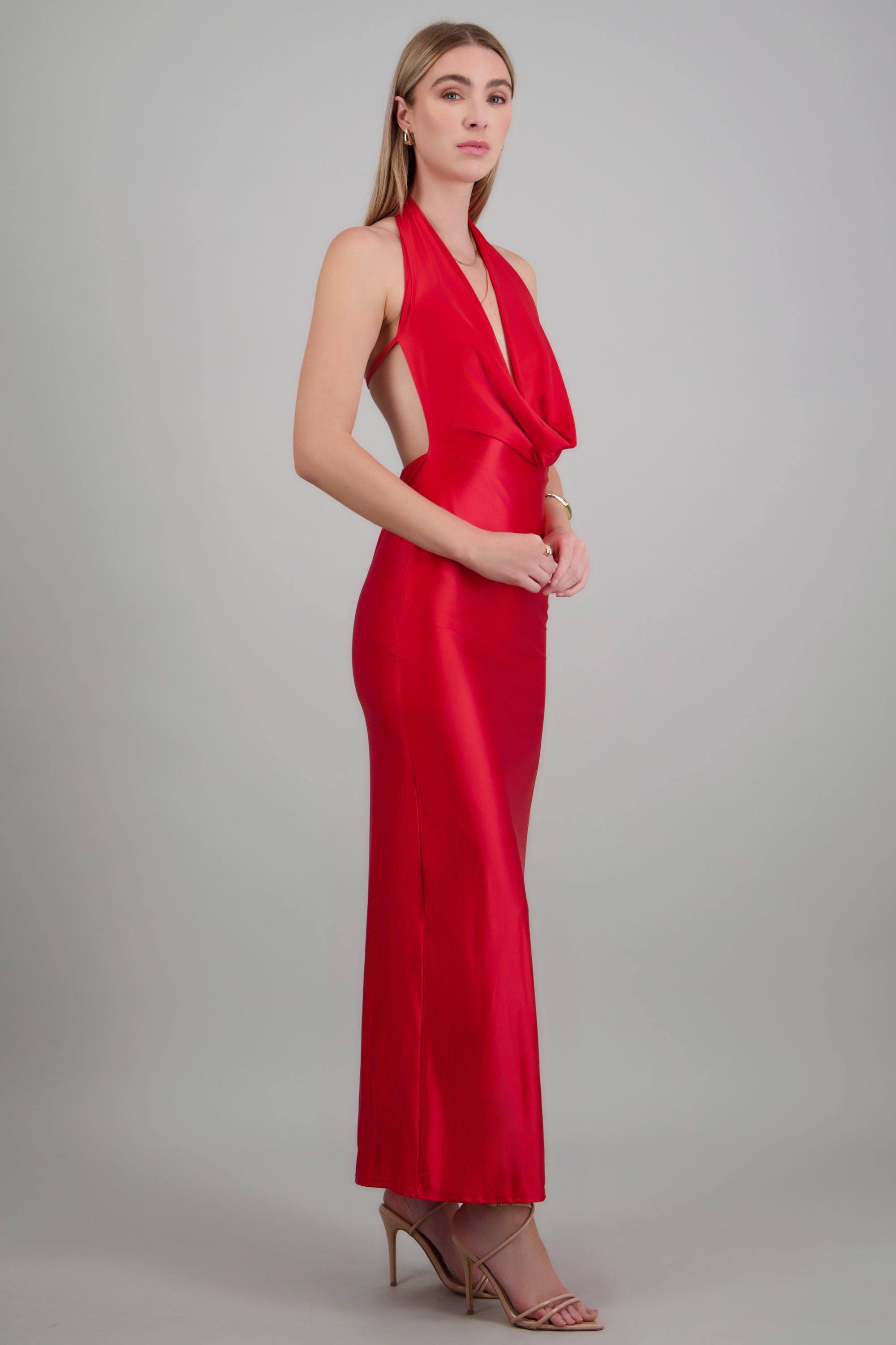 Vestido maxi escote cascada profundo ROJO
