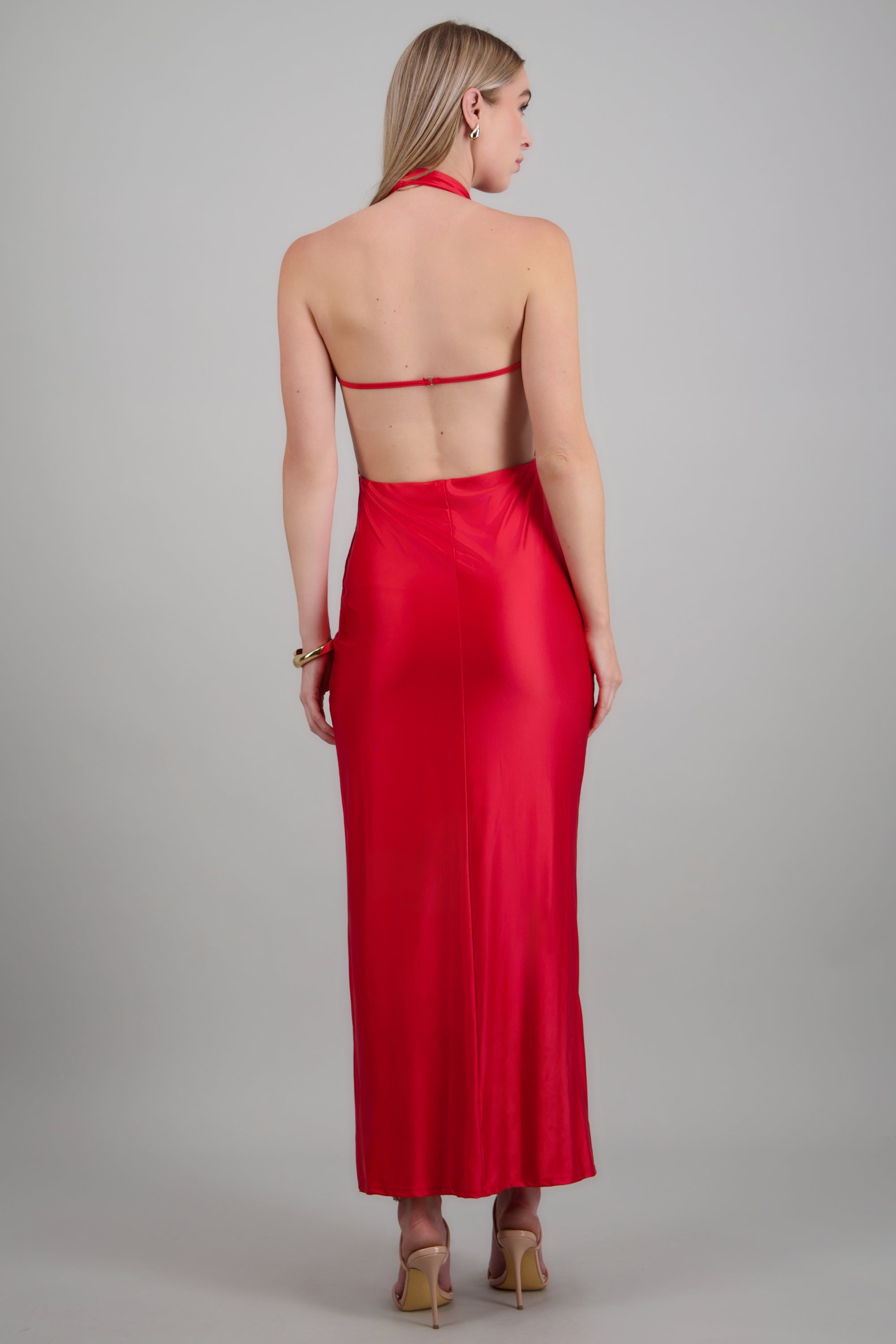 Vestido maxi escote cascada profundo ROJO