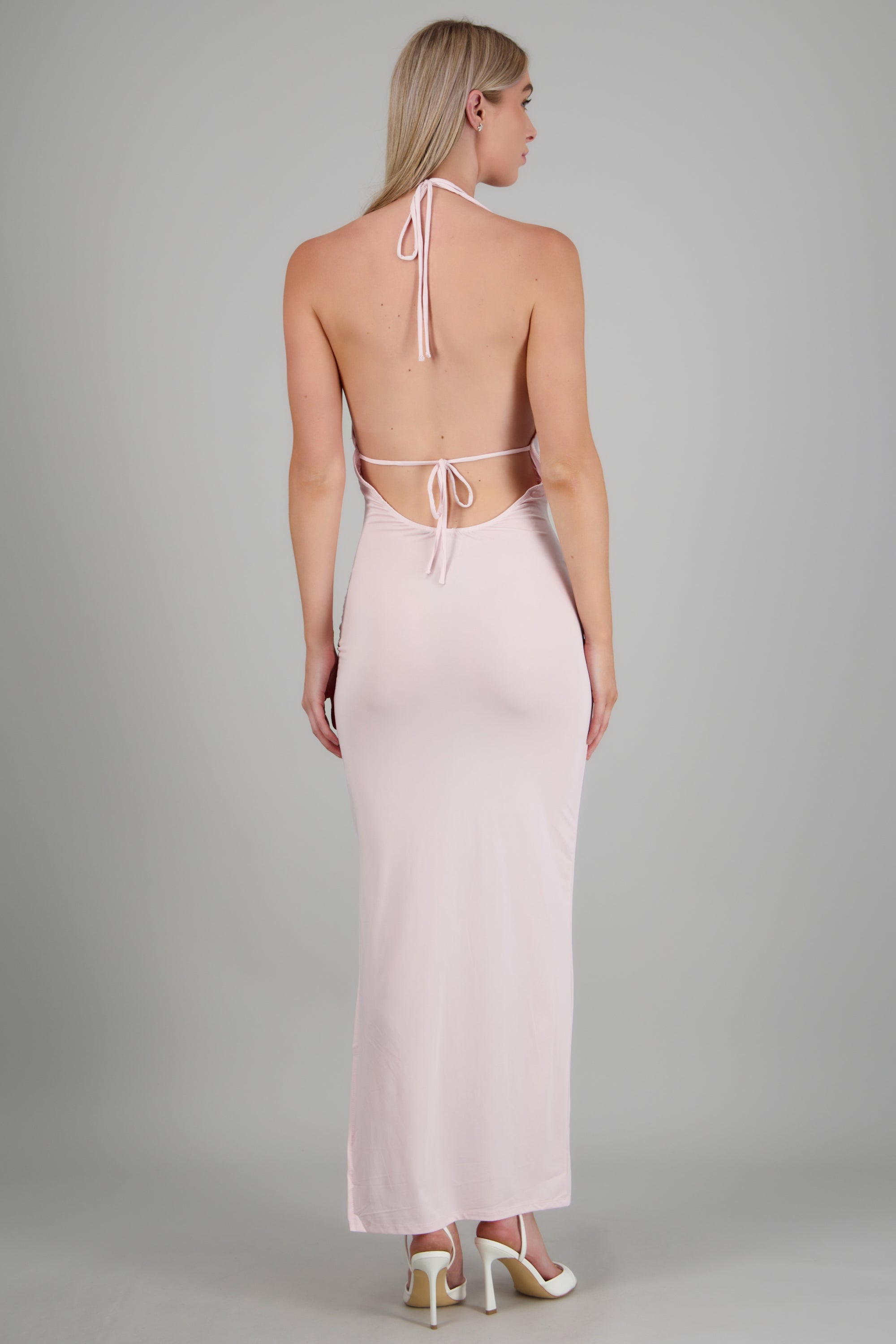 Vestido maxi escote cascada ROSA PASTEL