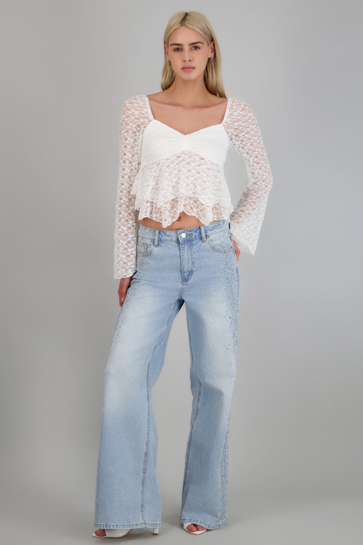 Straight wide jeans brillos costado LIGHT WASH