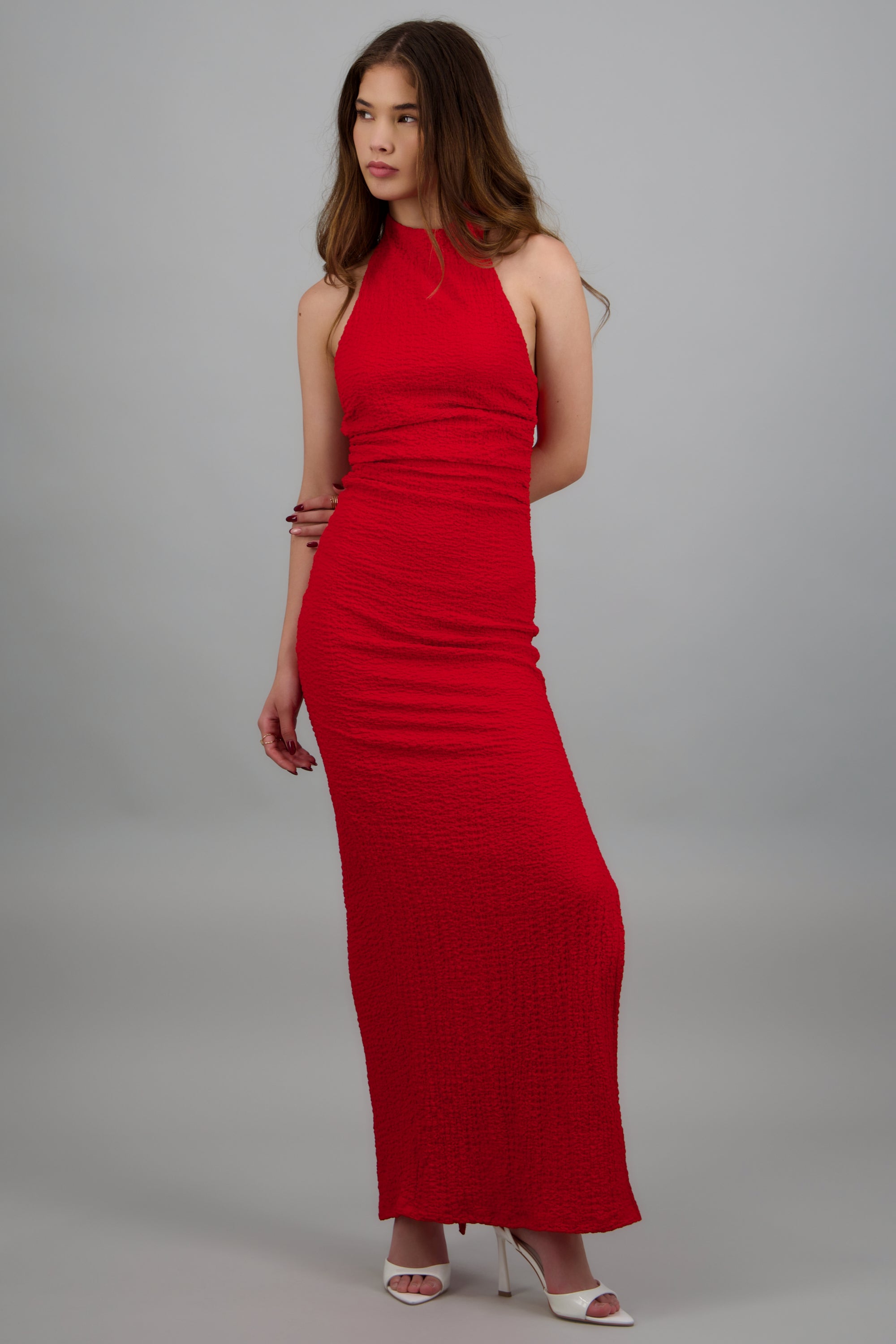 Vestido halter maxi detalle drapeado ROJO