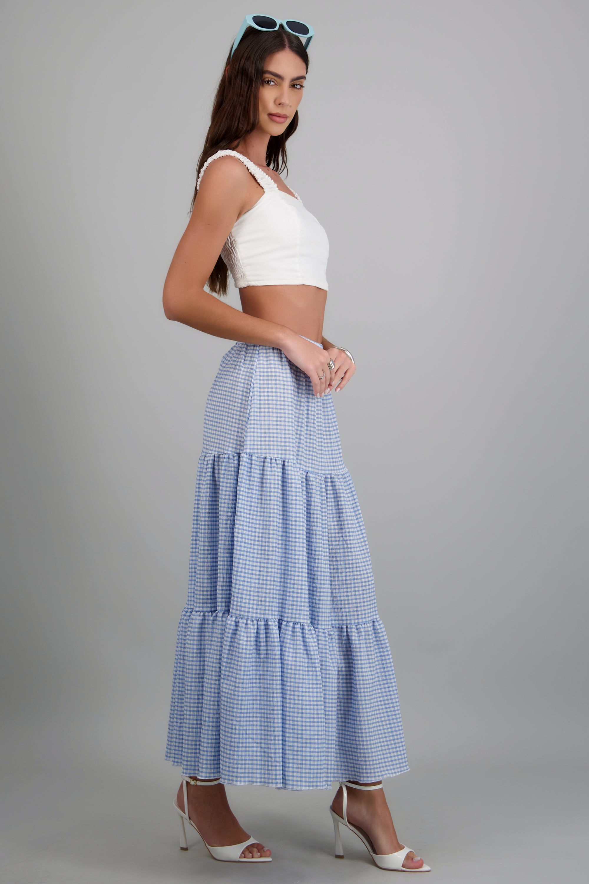Falda maxi detalle olanes gingham AZUL COMBO