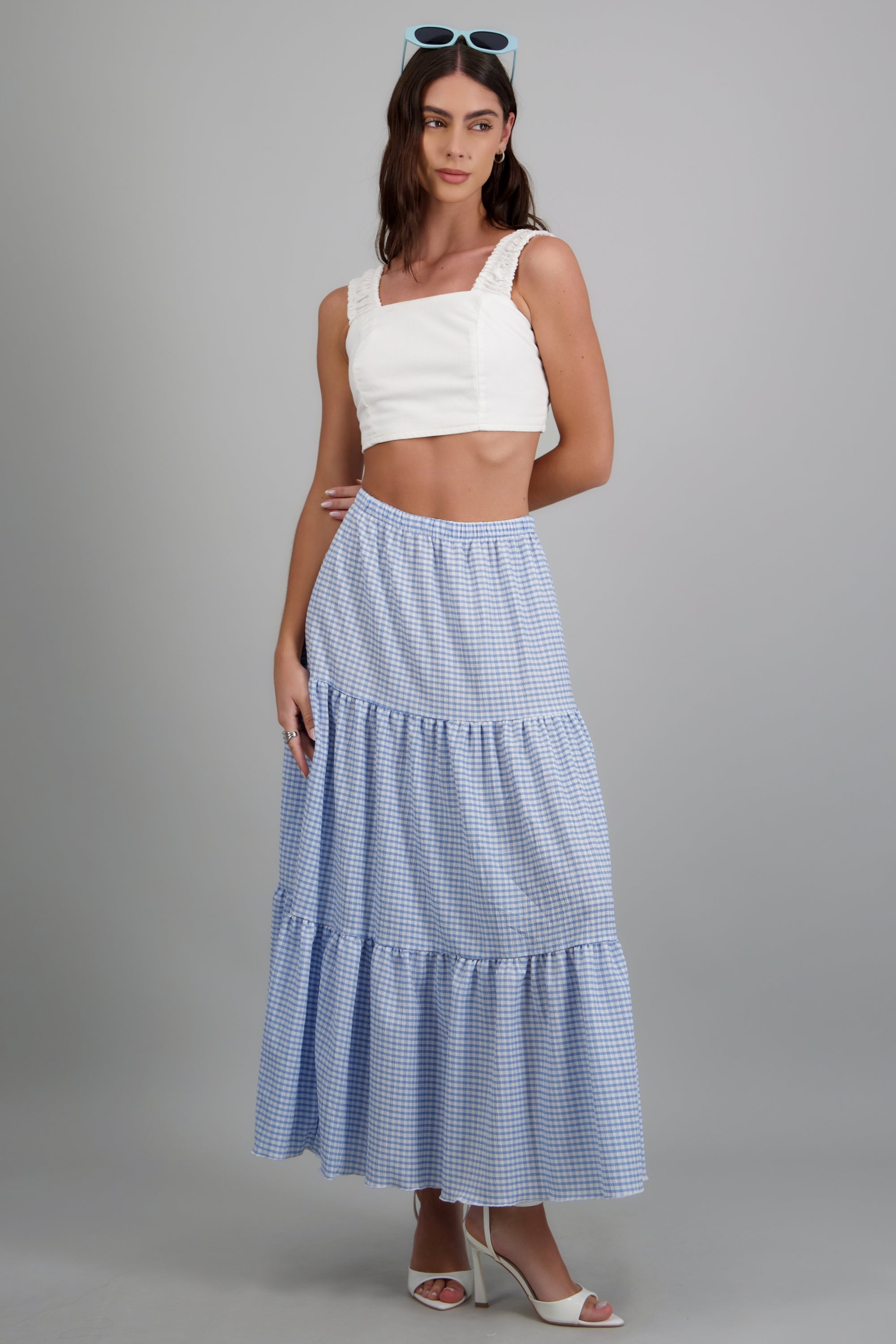Falda maxi detalle olanes gingham AZUL COMBO