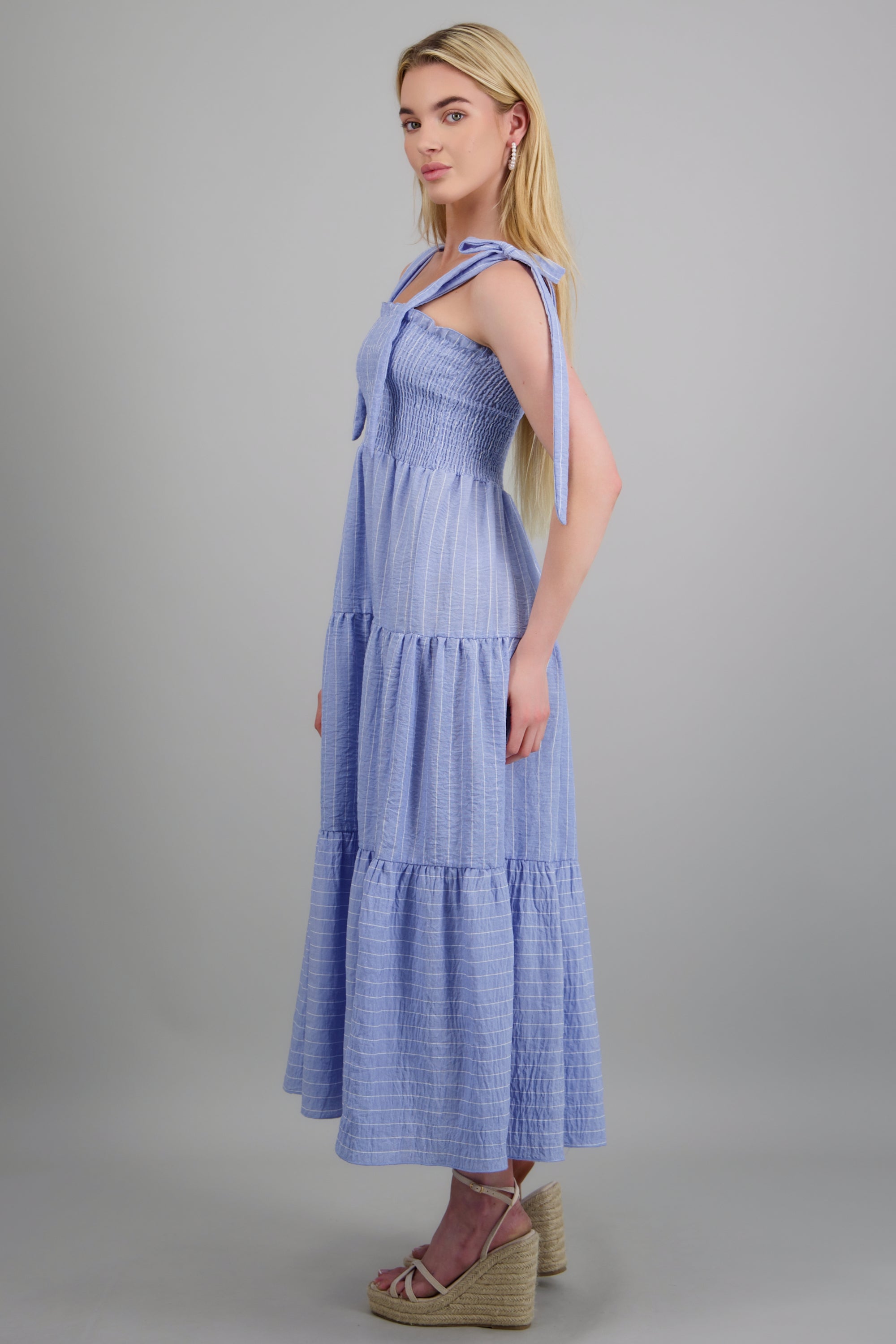 Vestido maxi tirantes detalle smock AZUL COMBO