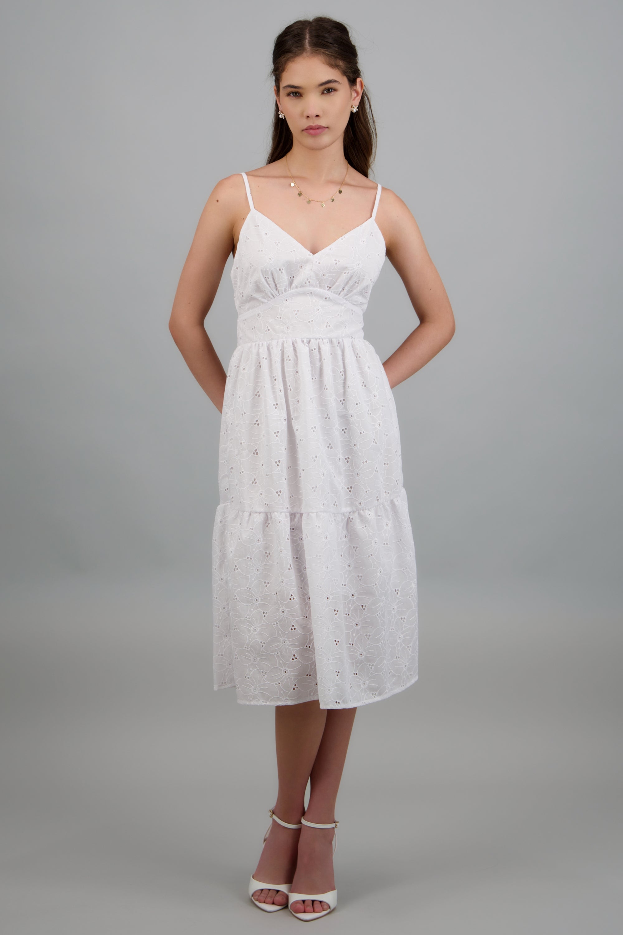 Vestido midi tirantes detalle eyelet BLANCO