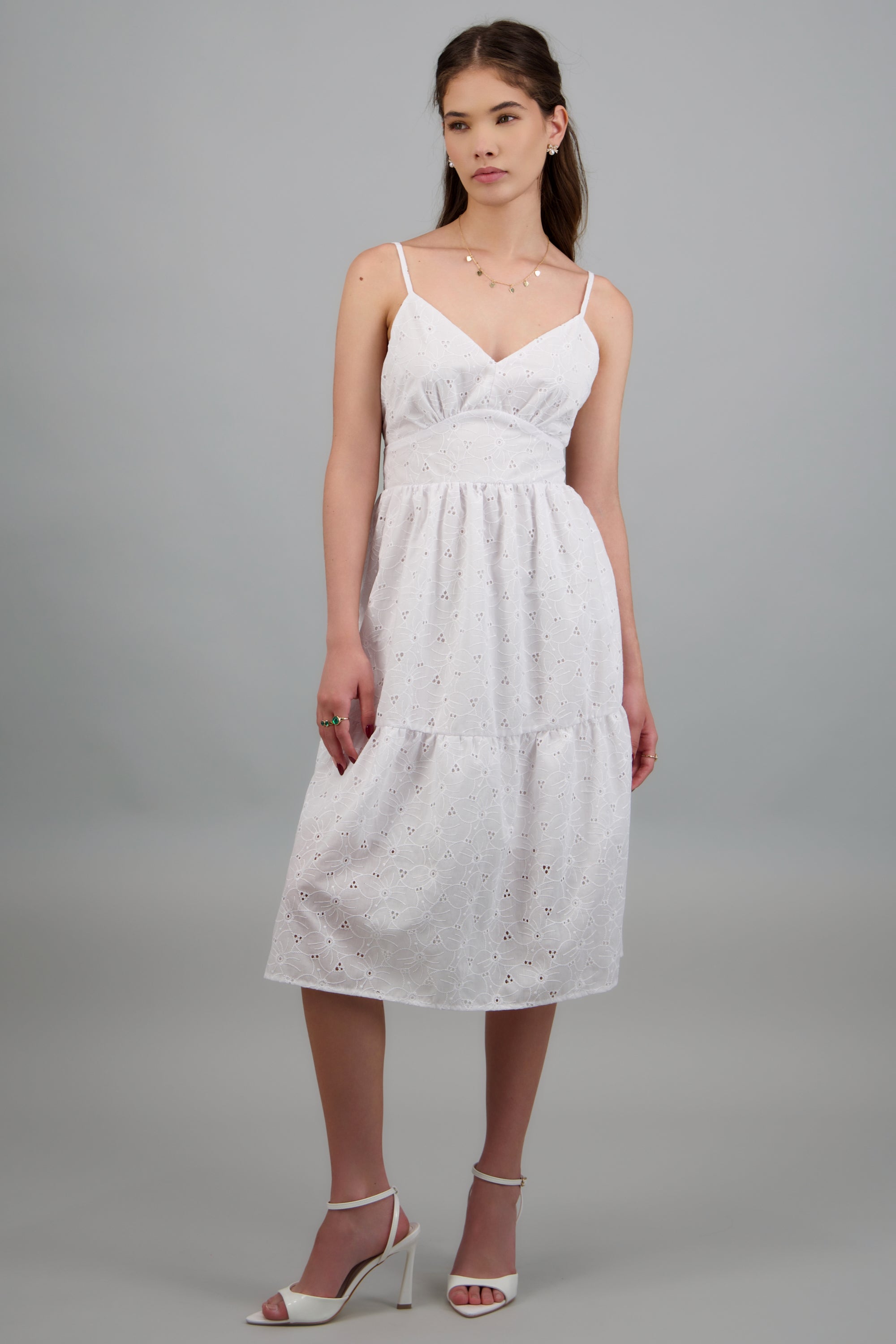 Vestido midi tirantes detalle eyelet BLANCO