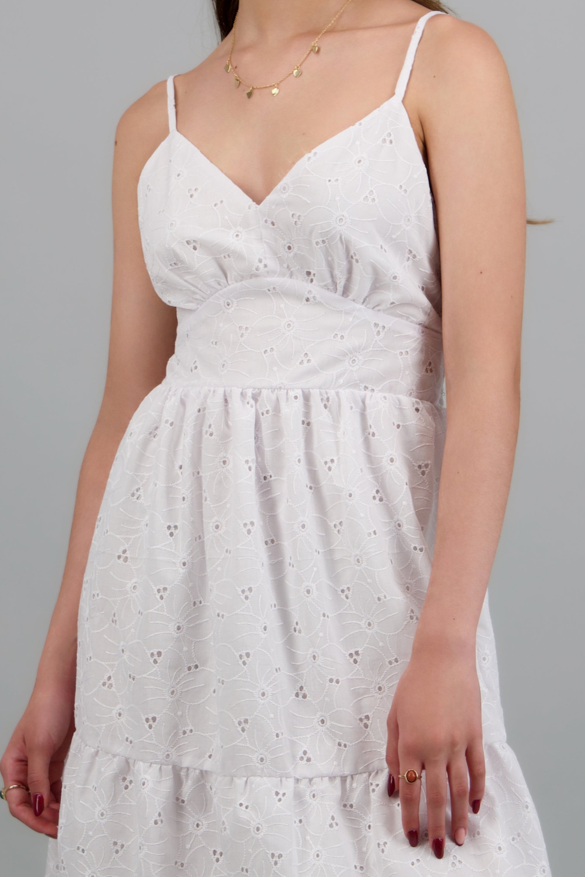 Vestido midi tirantes detalle eyelet BLANCO