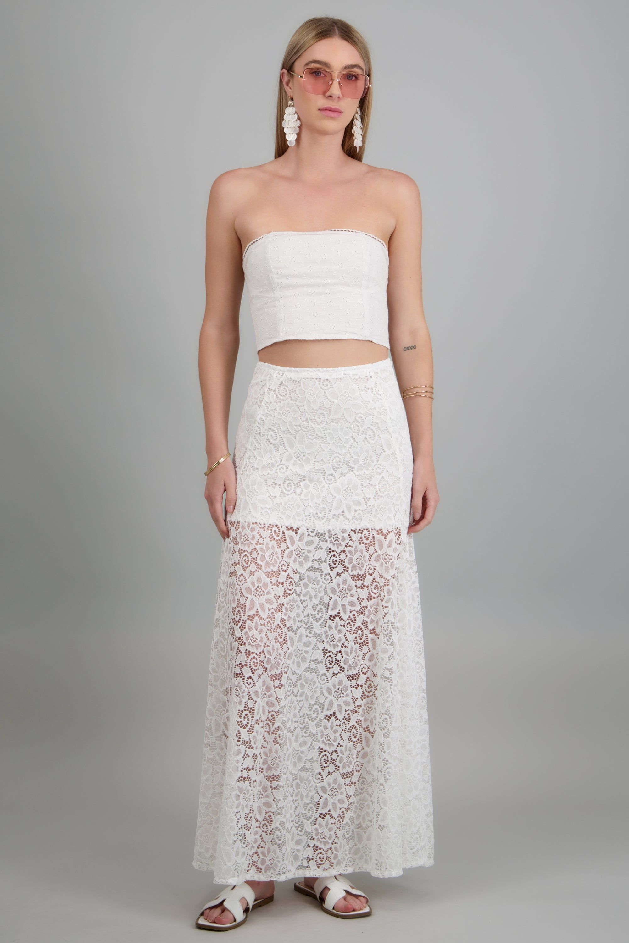 Falda recta detalle transparencia y encaje BLANCO