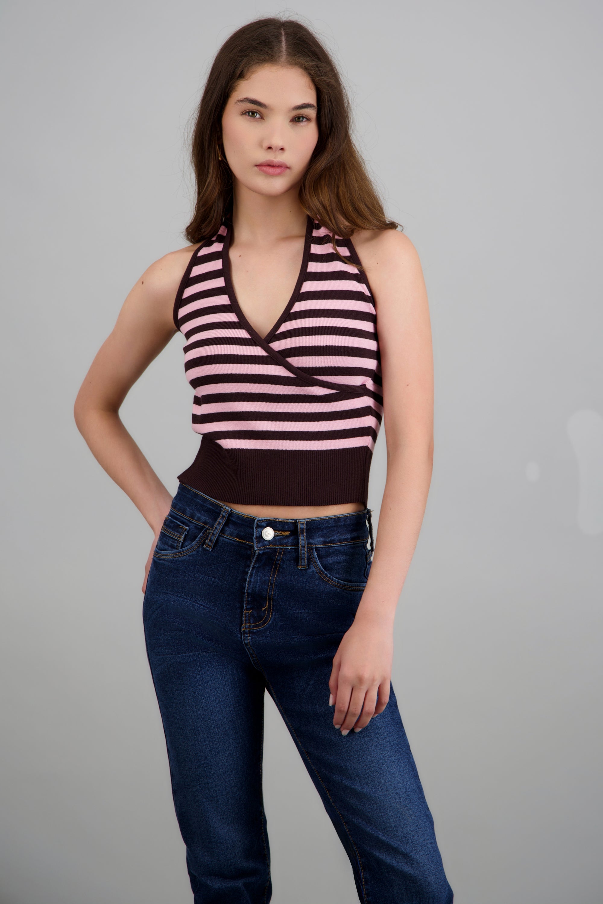 Top halter cruce rayas ROSA COMBO