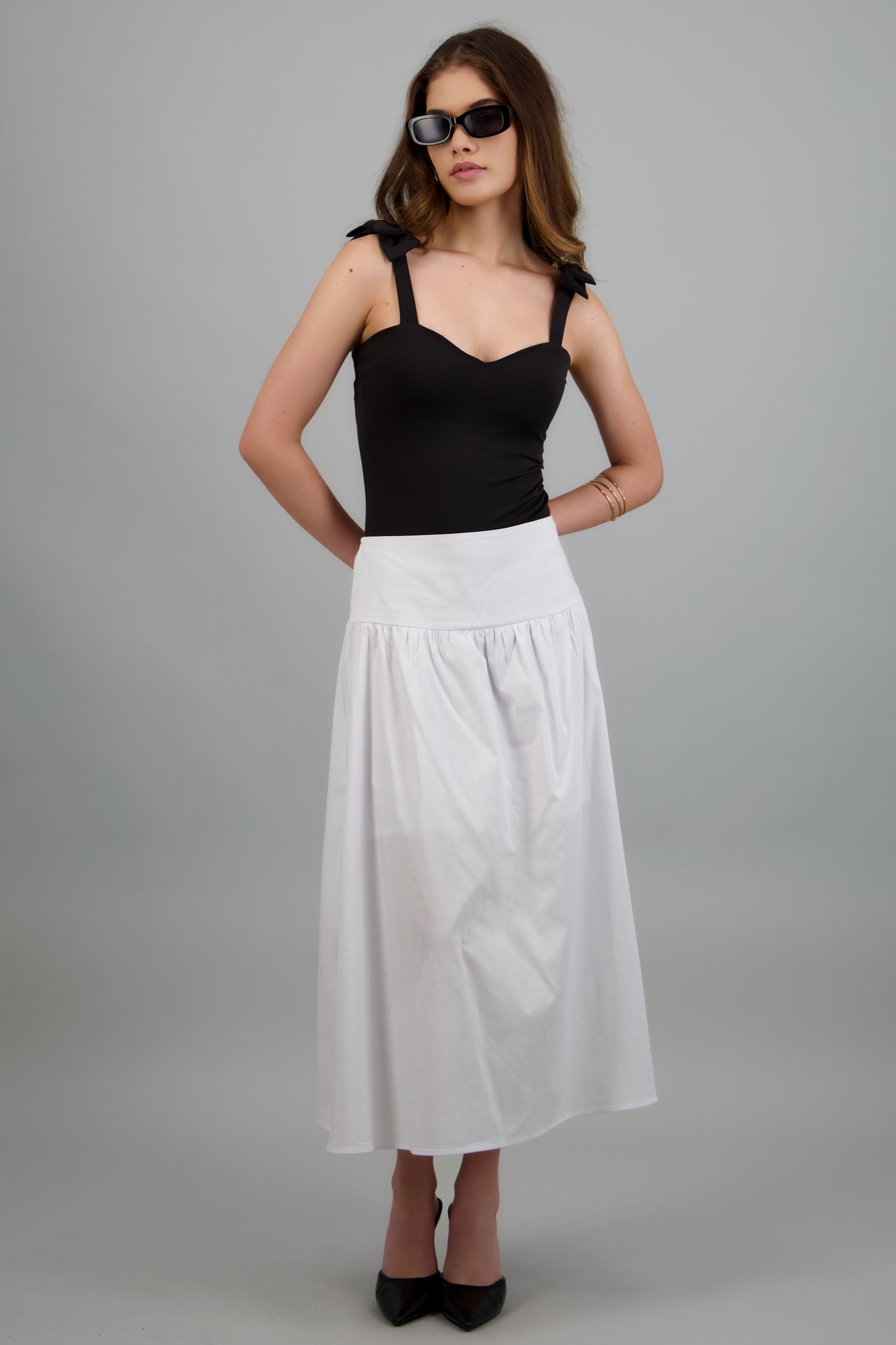 Falda maxi pretina ancha detalle smock BLANCO