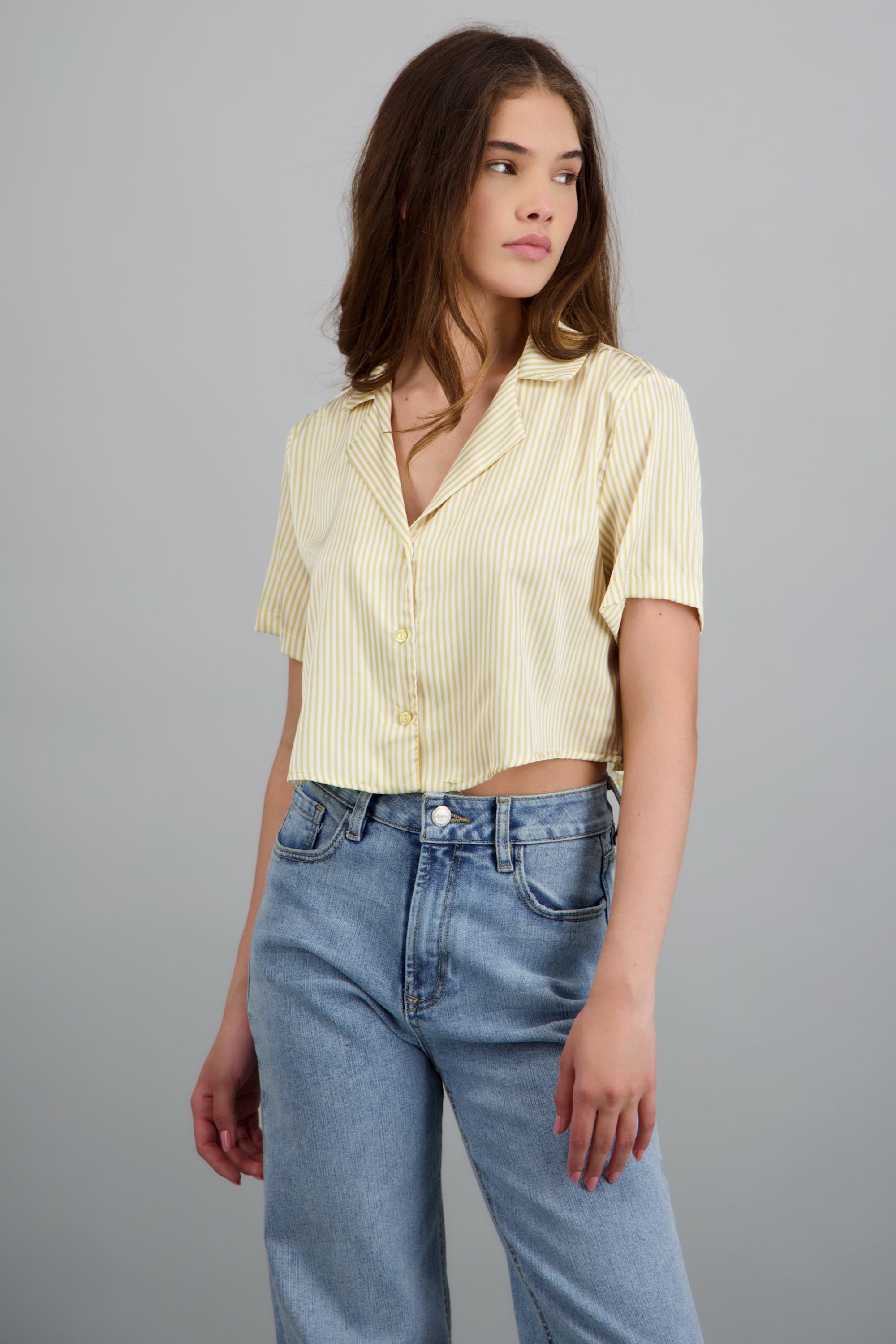 Camisa manga corta rayas satinada AMARILLO PASTEL