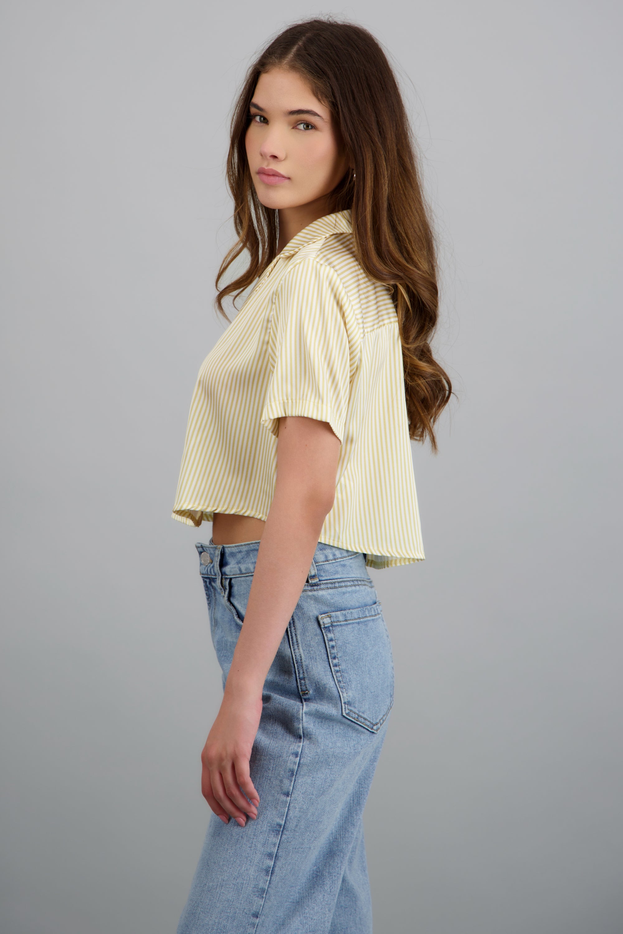 Camisa manga corta rayas satinada AMARILLO PASTEL