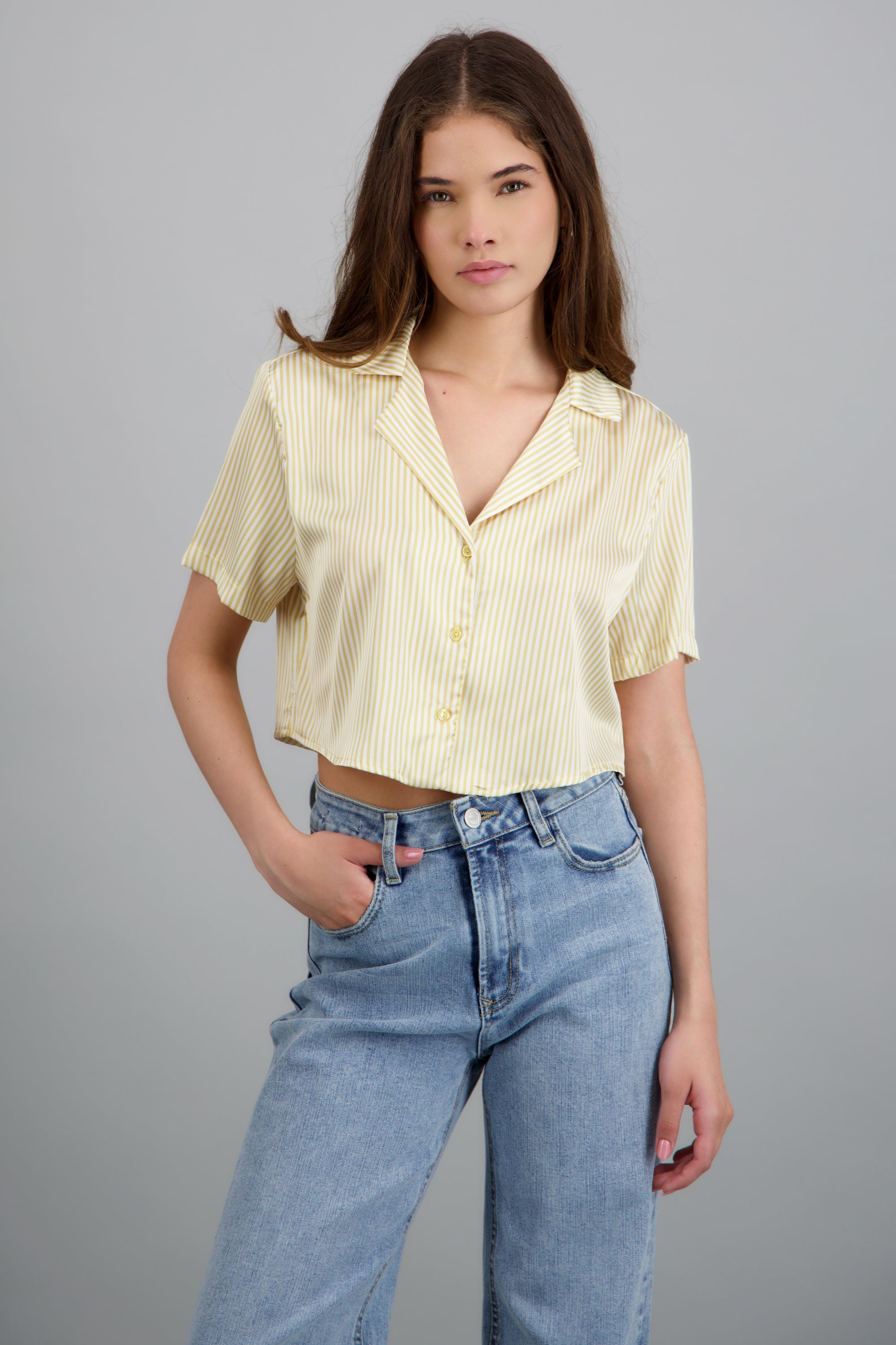 Camisa manga corta rayas satinada AMARILLO PASTEL