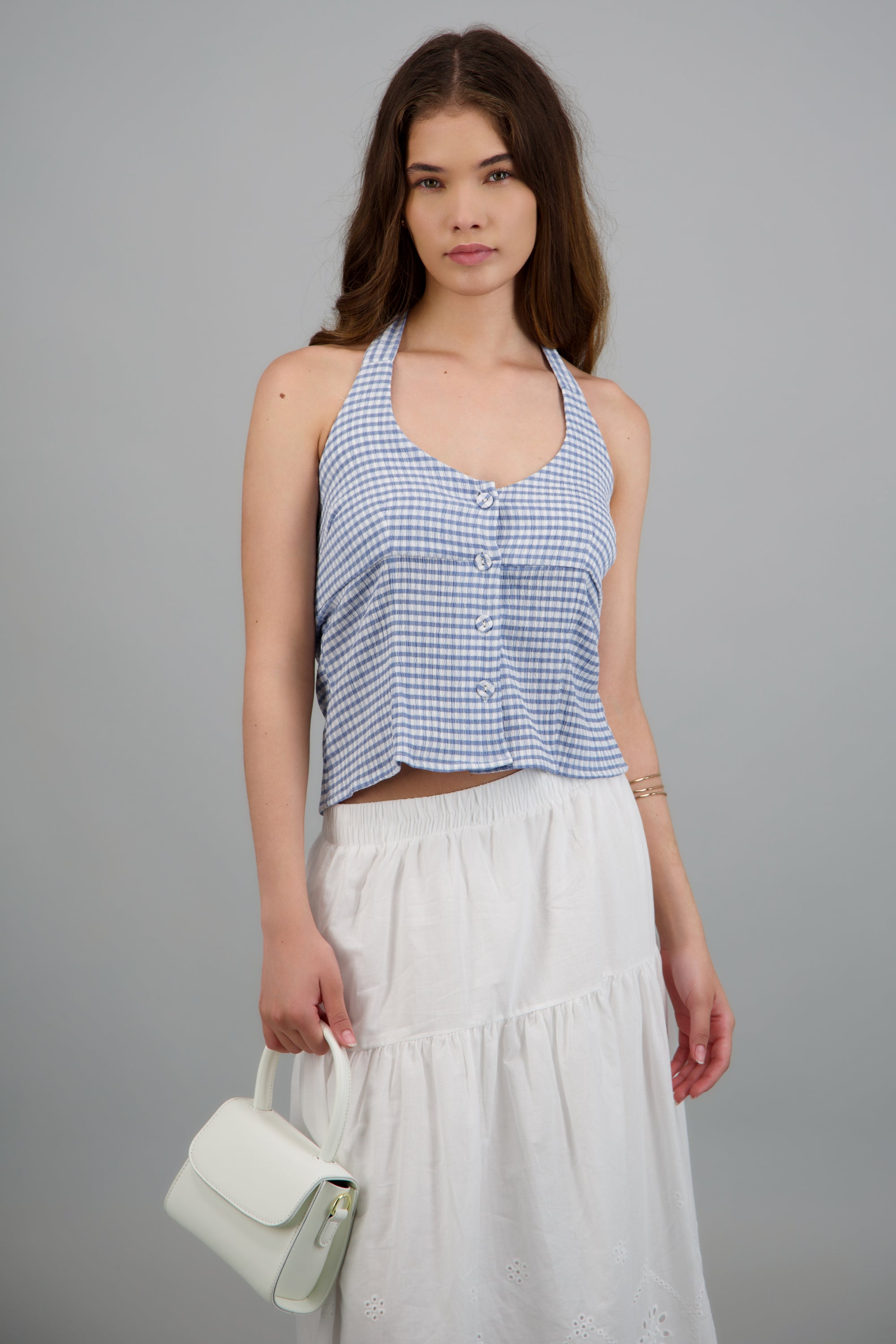 Top halter detalle cuadros AZUL COMBO