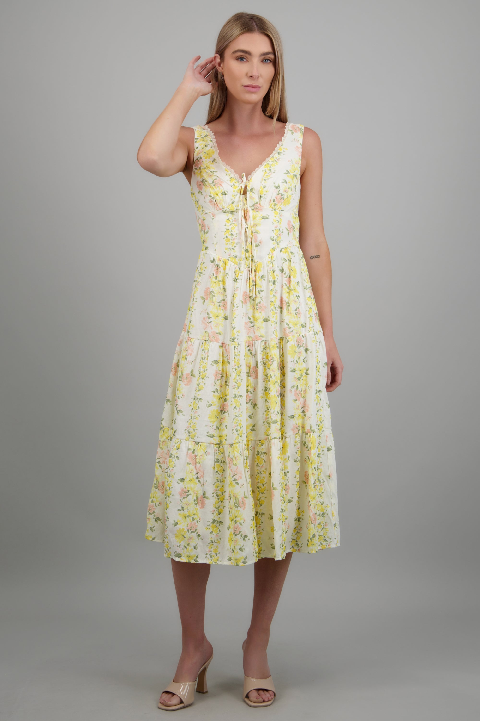 Vestido halter detalle moños AMARILLO COMBO