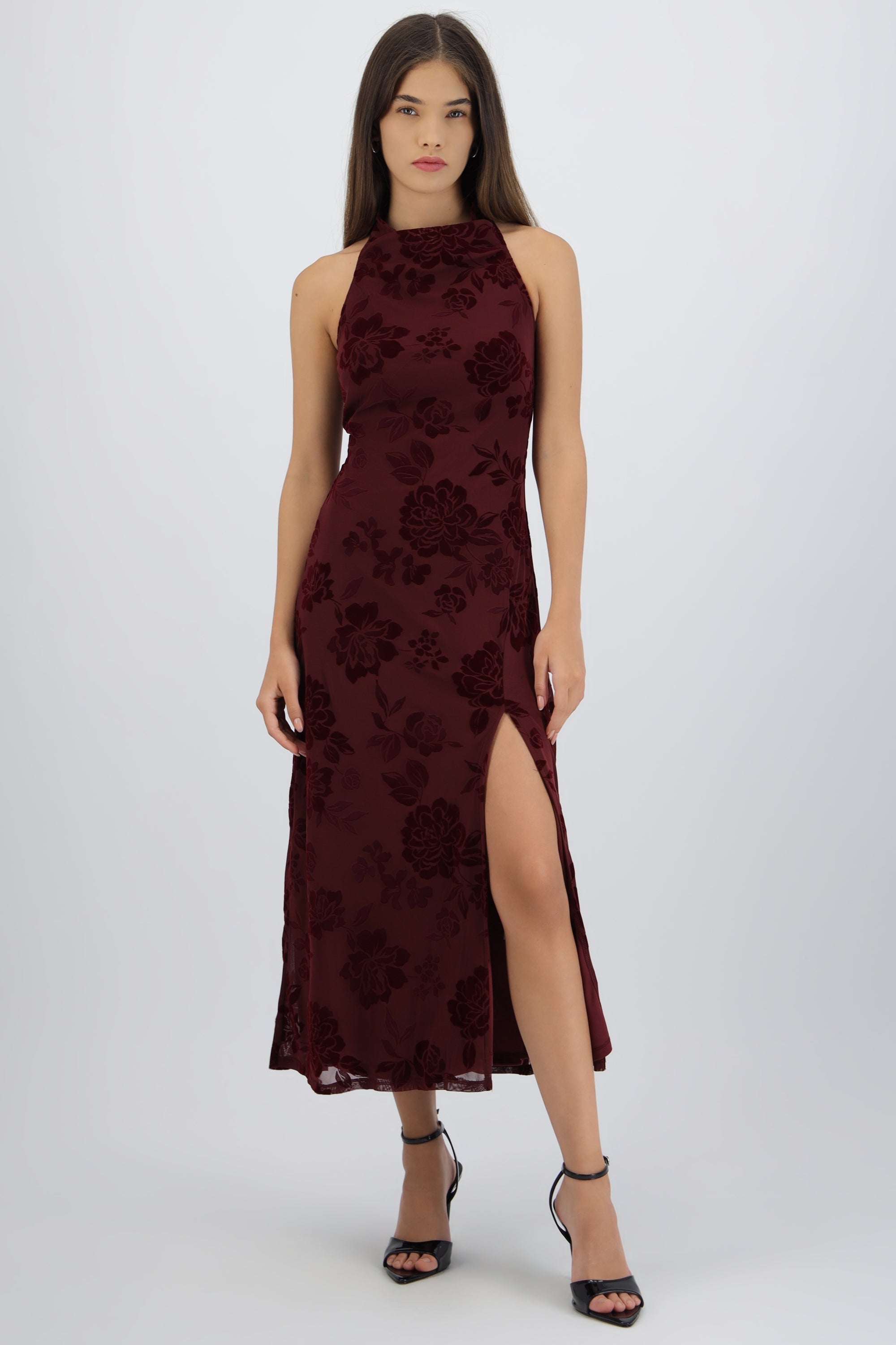 Vestido maxi halter mesh flock