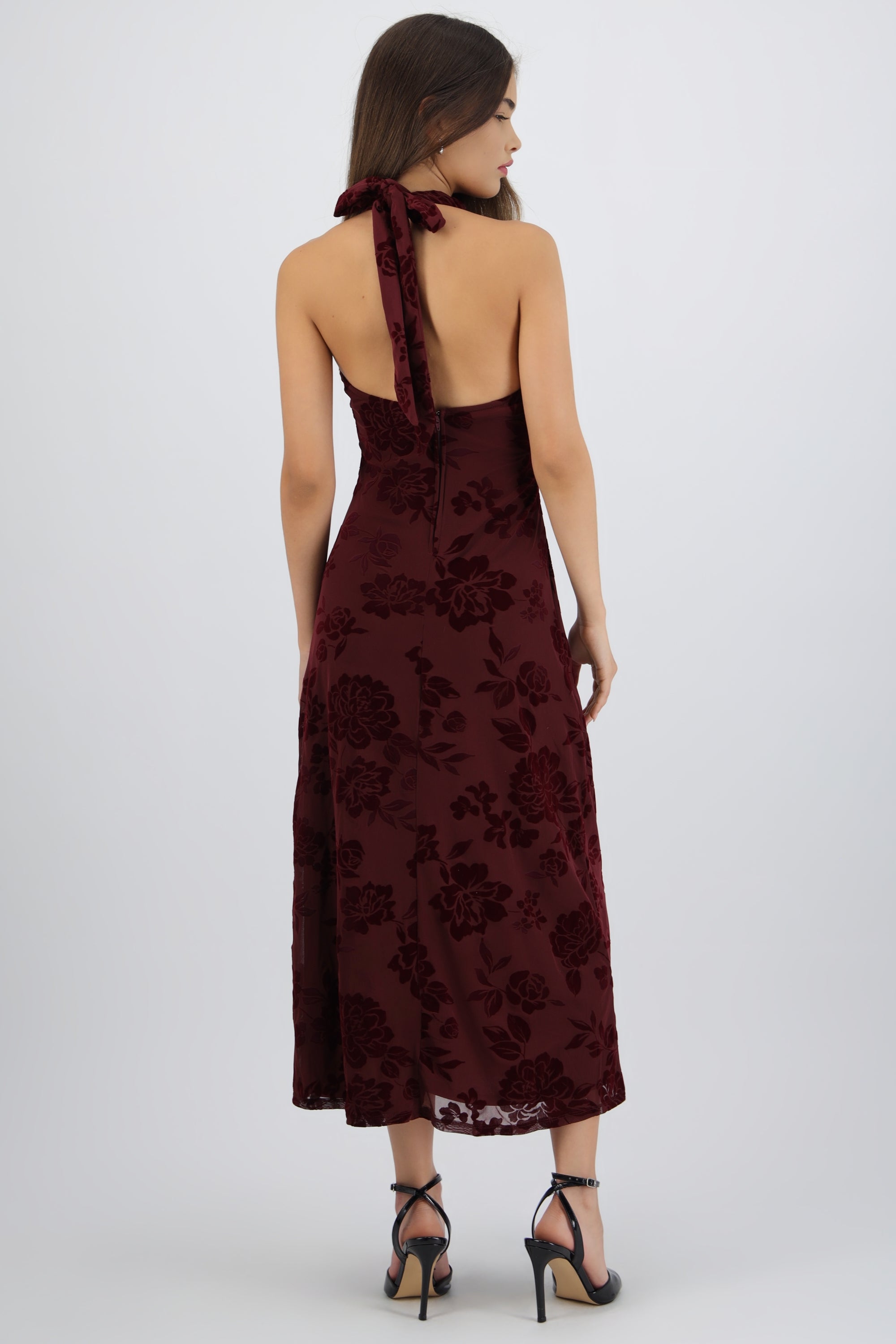 Vestido maxi halter mesh flock