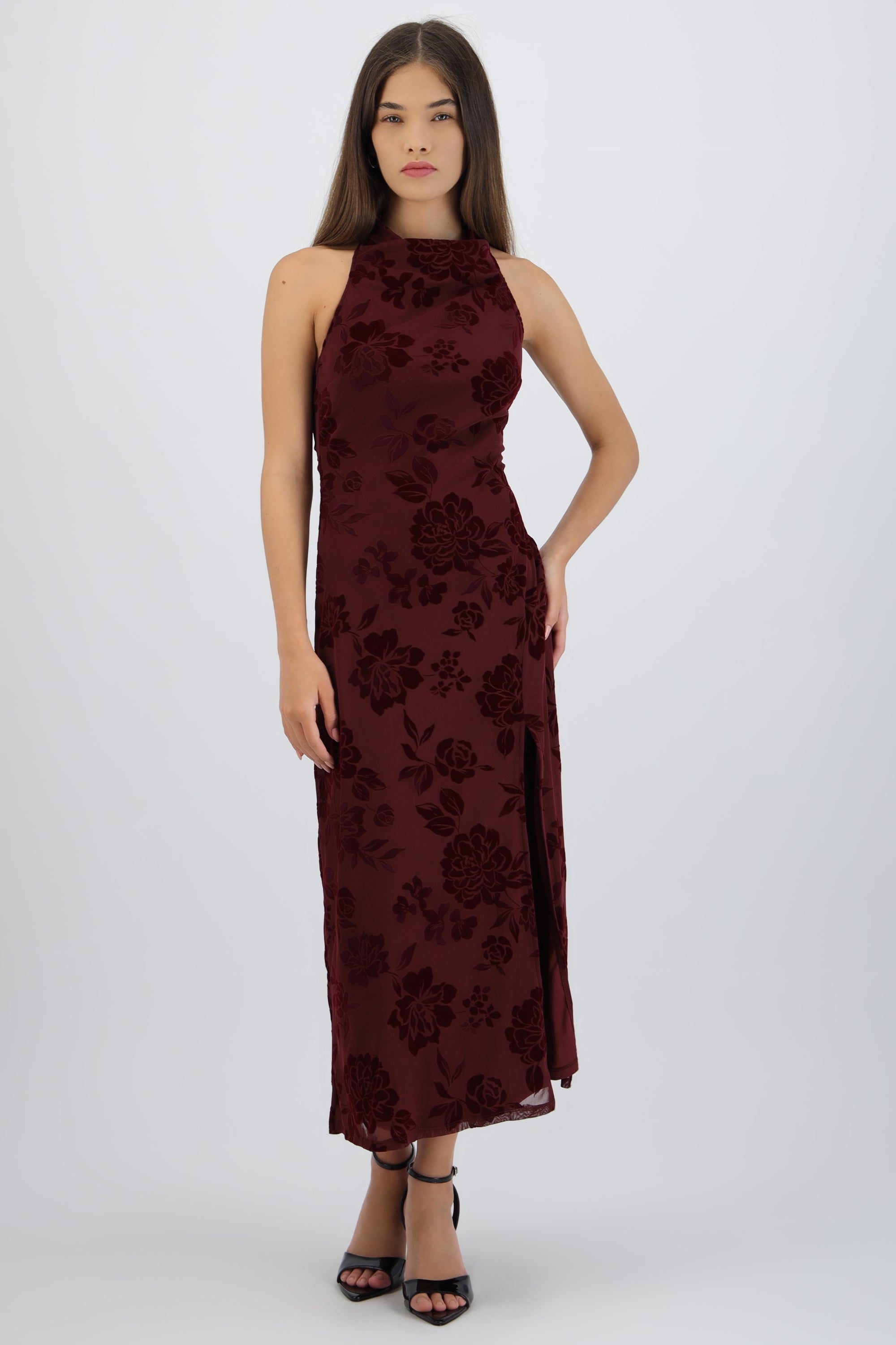 Vestido maxi halter mesh flock