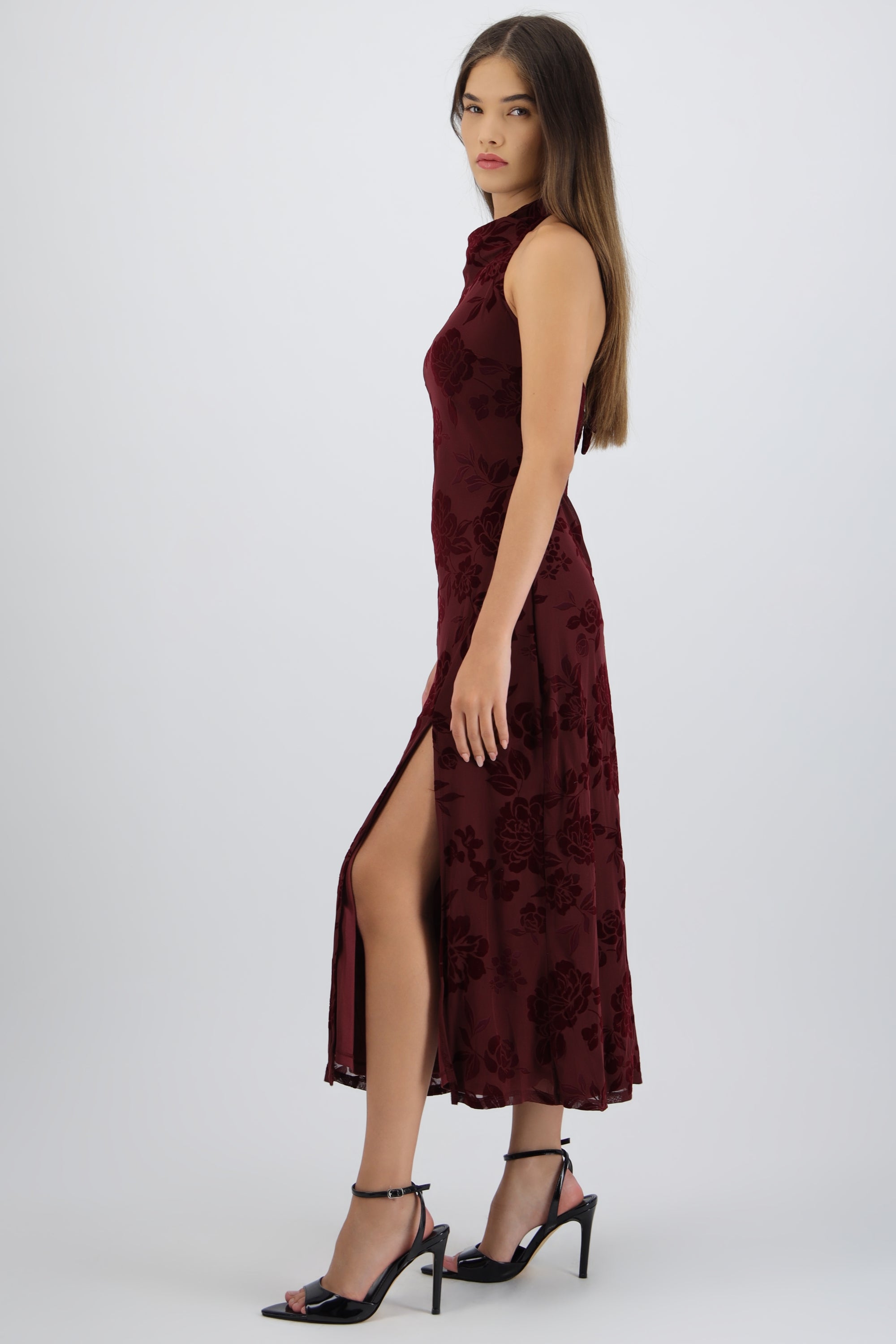 Vestido maxi halter mesh flock