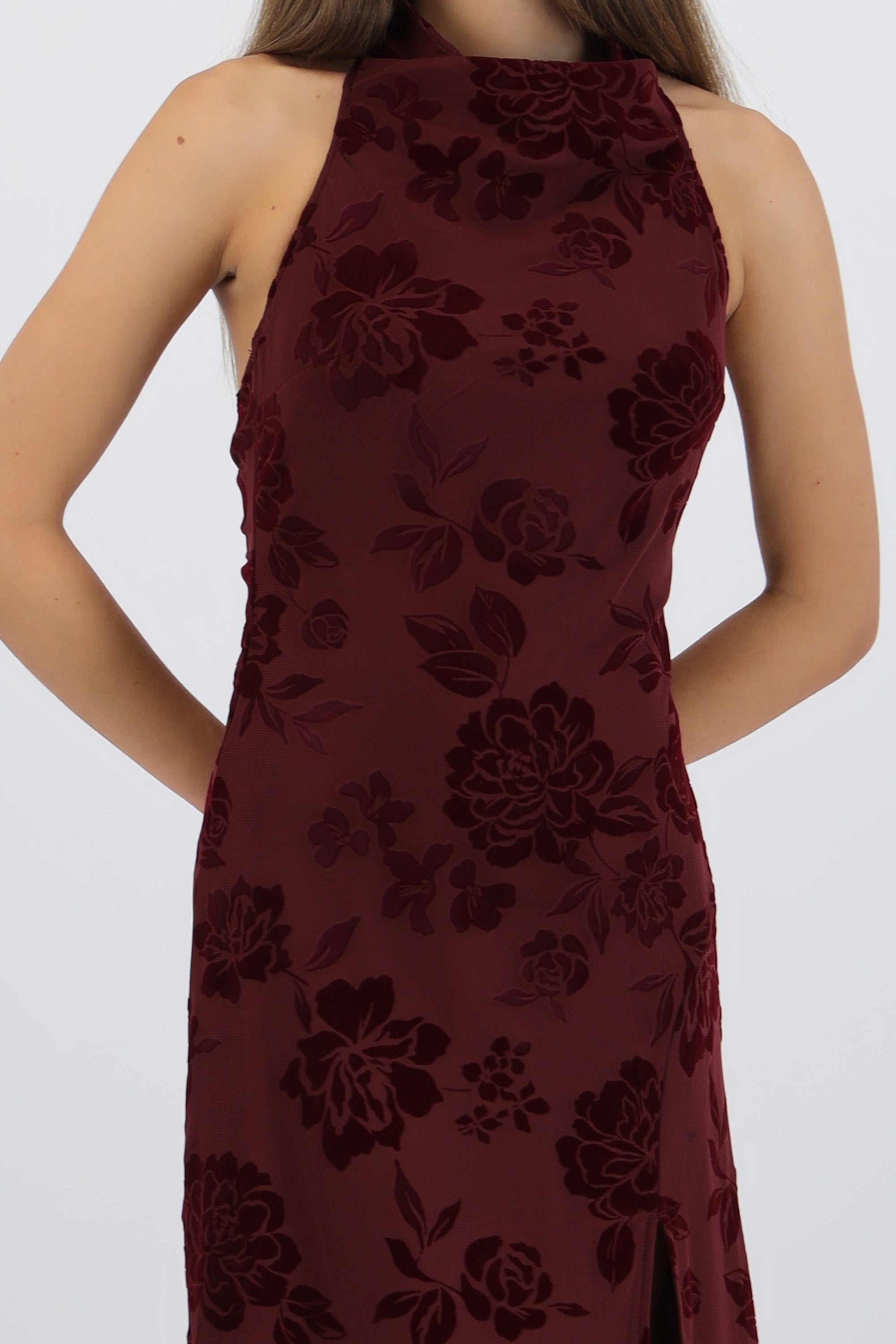 Vestido maxi halter mesh flock