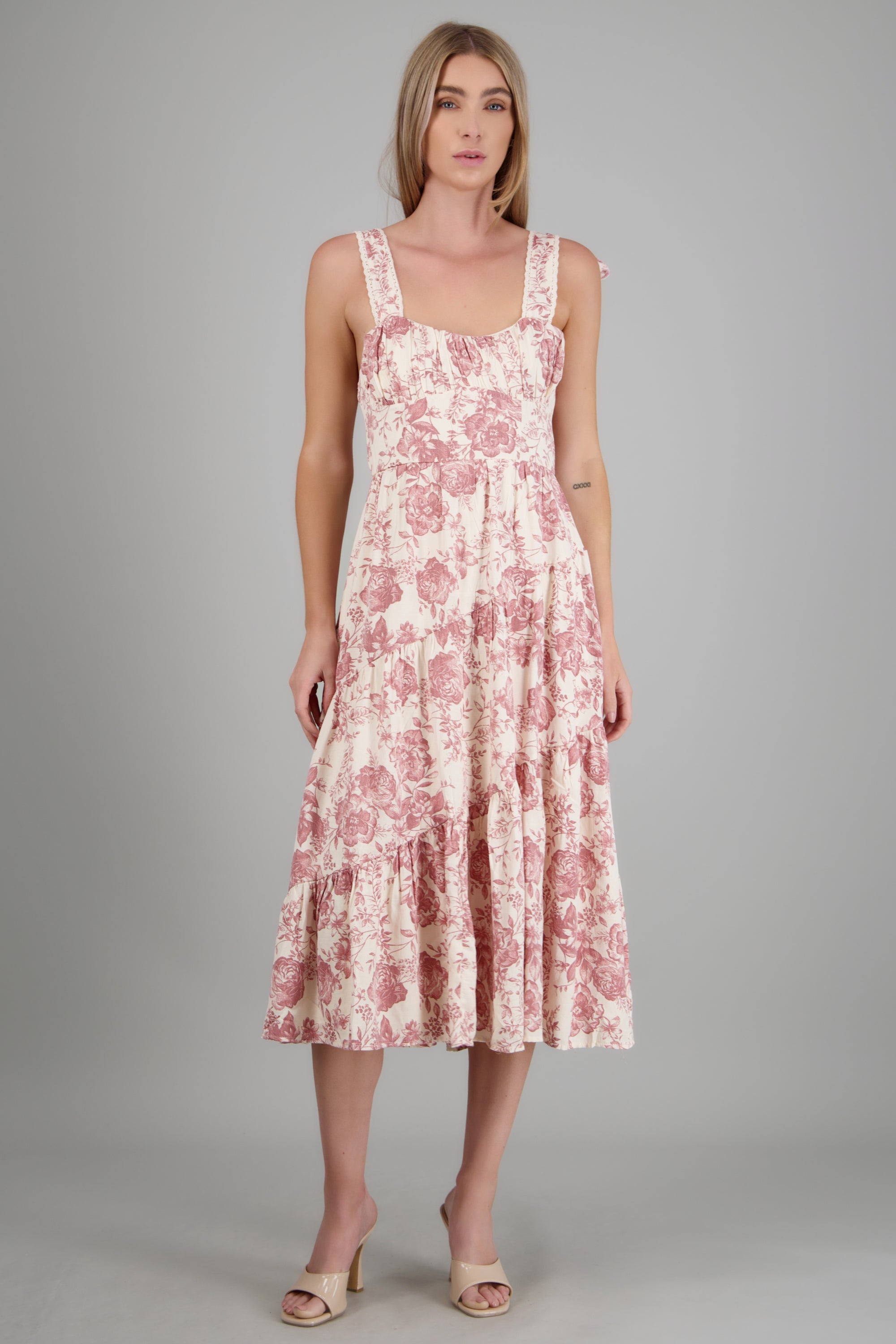 Vestido tirantes moño estampado flores ROSA COMBO
