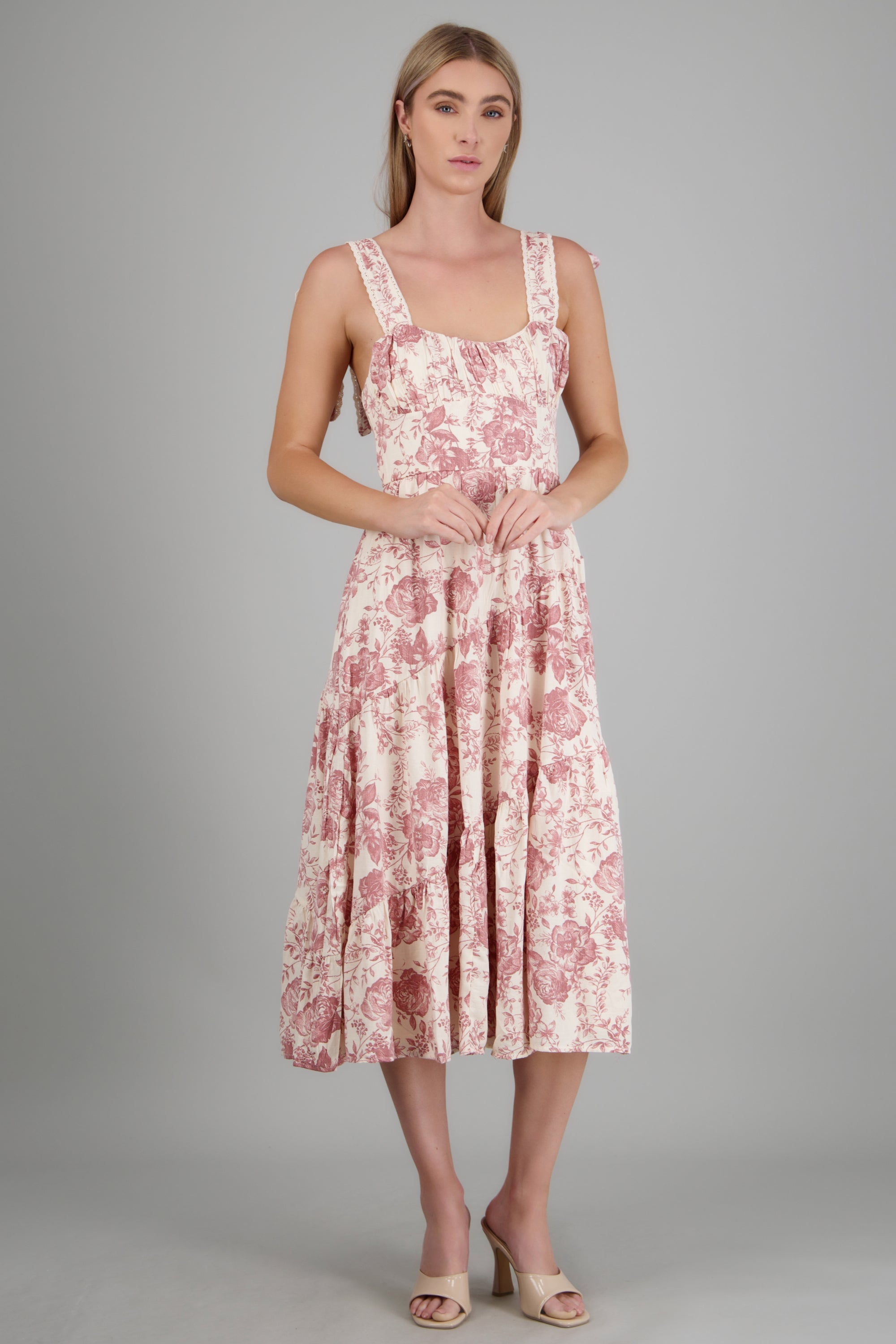 Vestido tirantes moño estampado flores ROSA COMBO