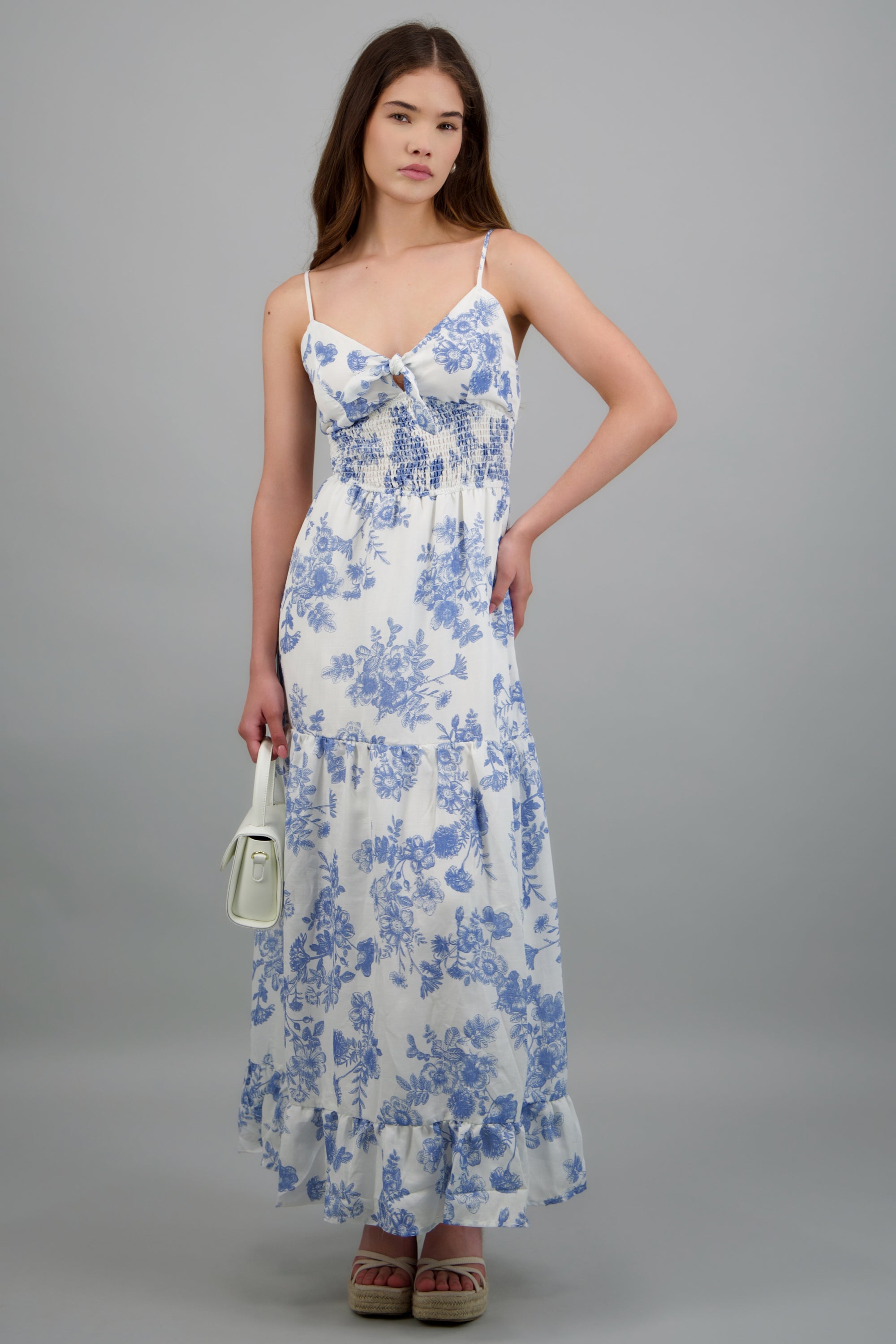 Vestido maxi flores con abertura AZUL COMBO