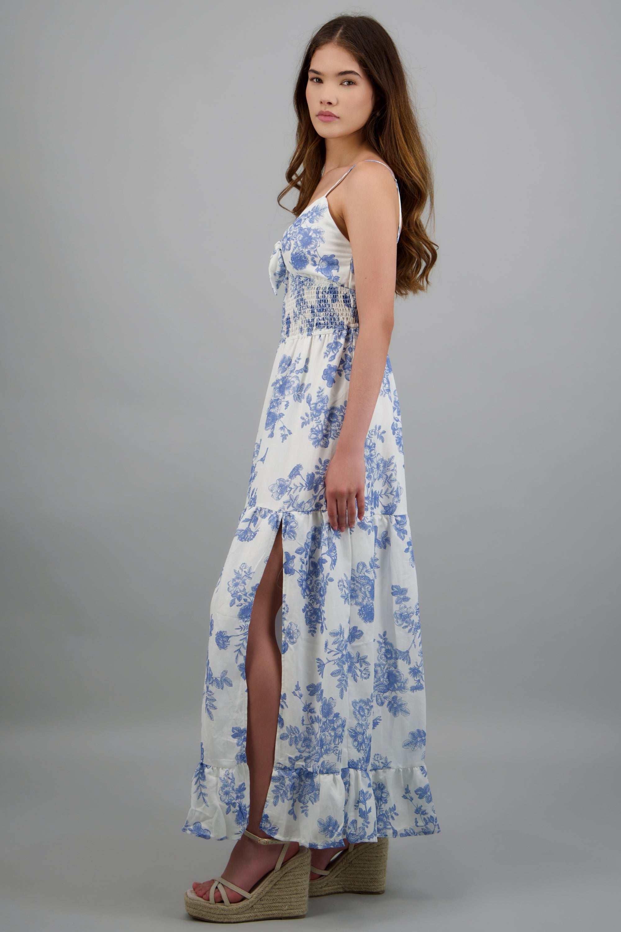 Vestido maxi flores con abertura AZUL COMBO