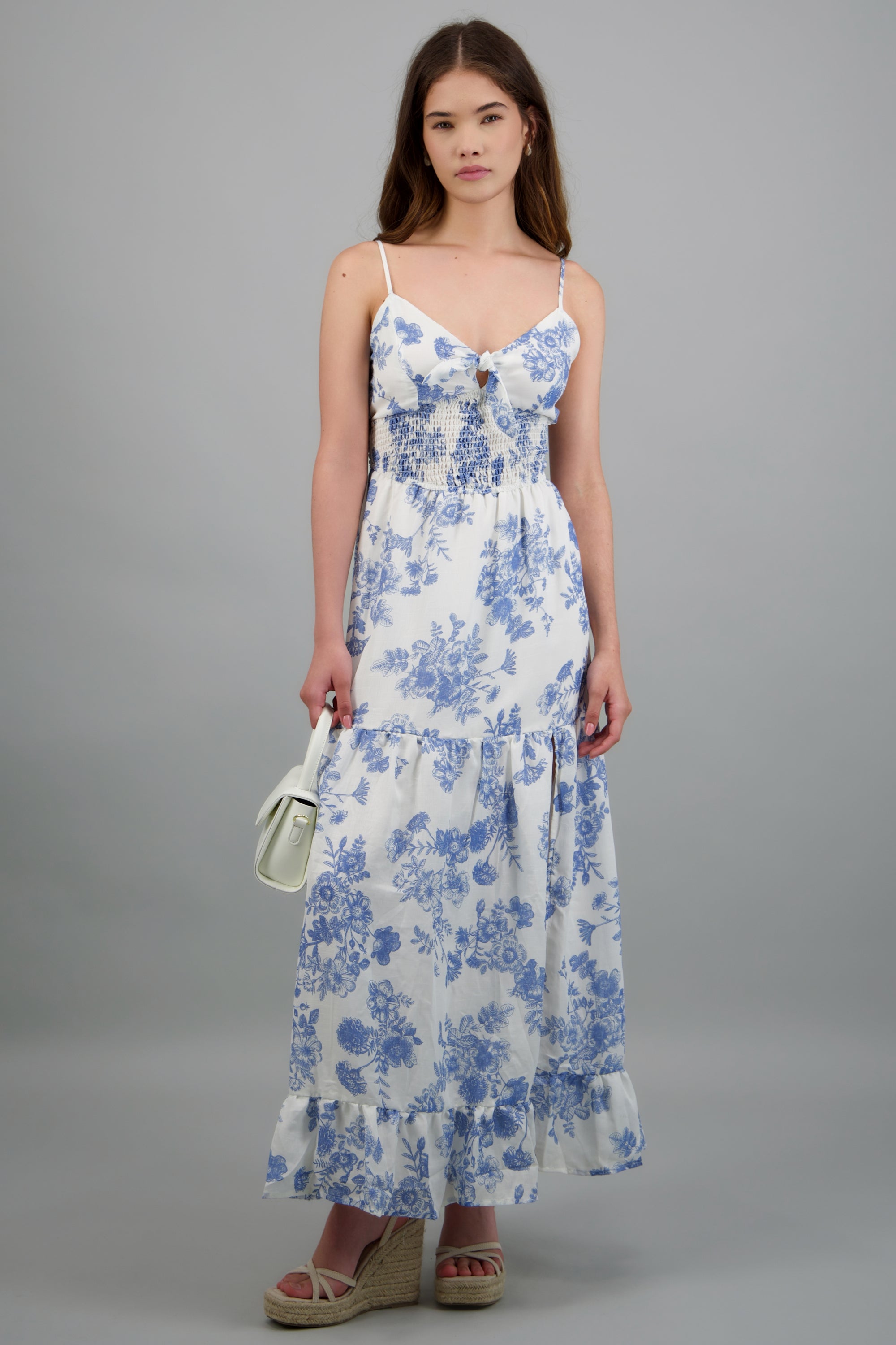 Vestido maxi flores con abertura AZUL COMBO