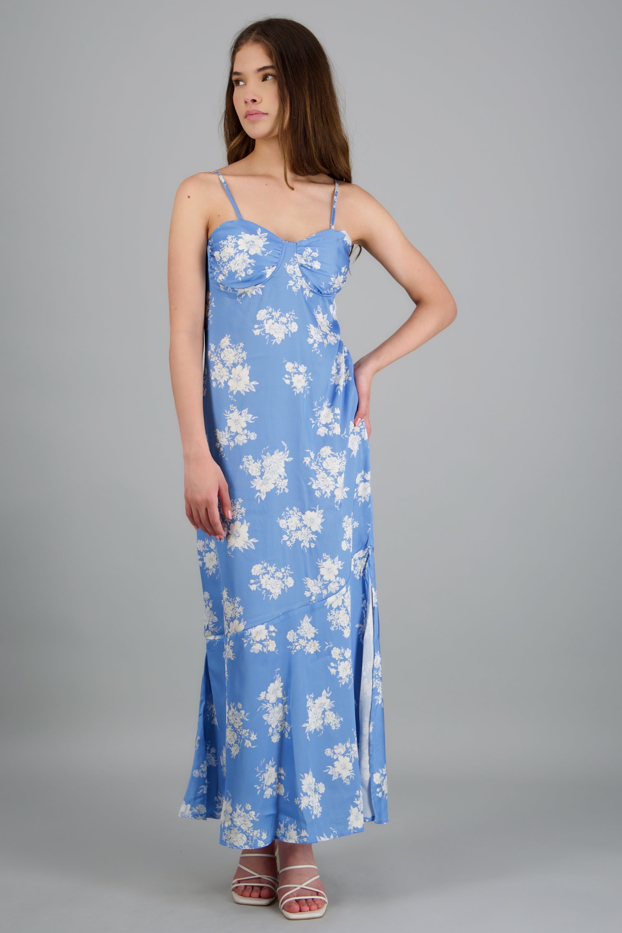 Vestido satin flores AZUL COMBO