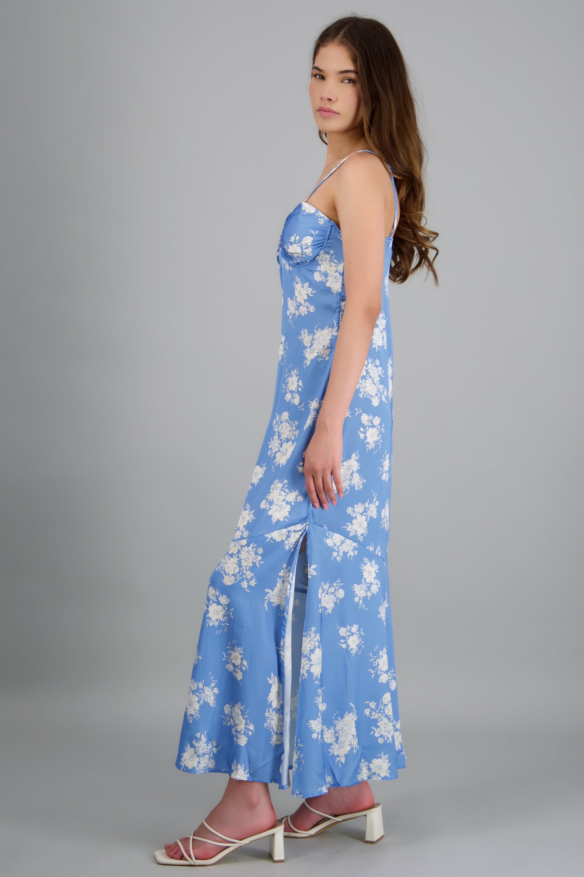 Vestido satin flores AZUL COMBO