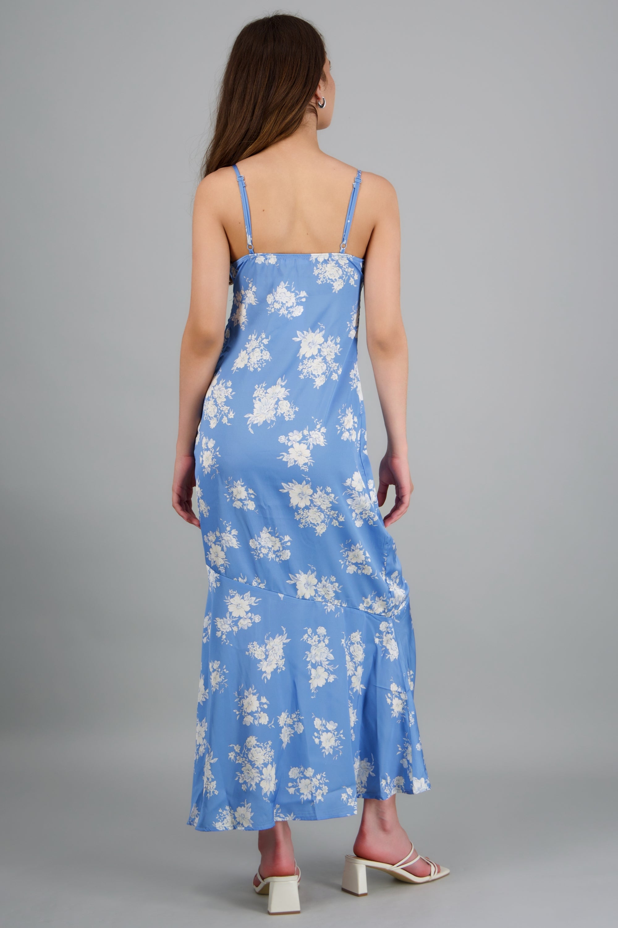 Vestido satin flores AZUL COMBO