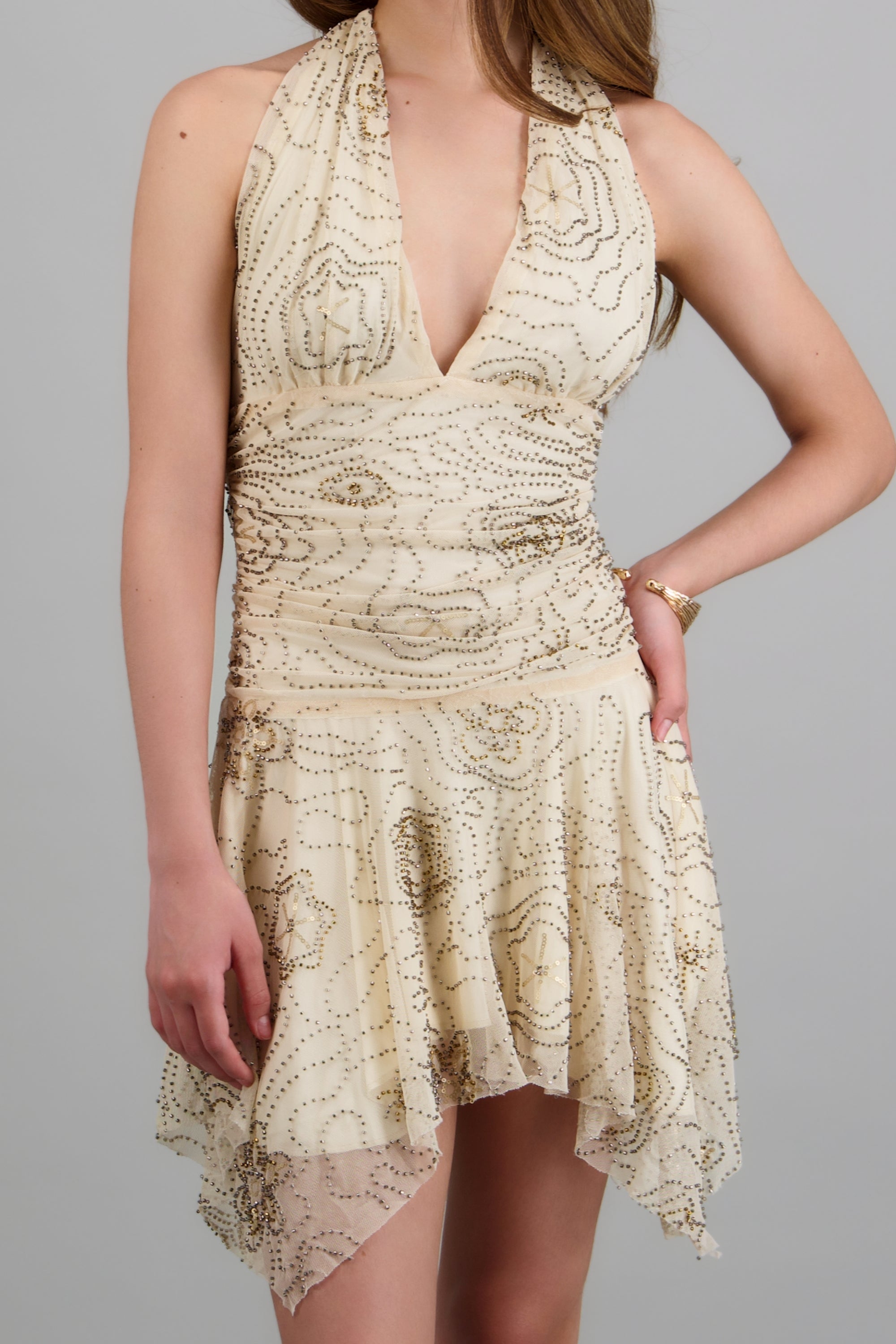 Vestido brillos halter CREMA