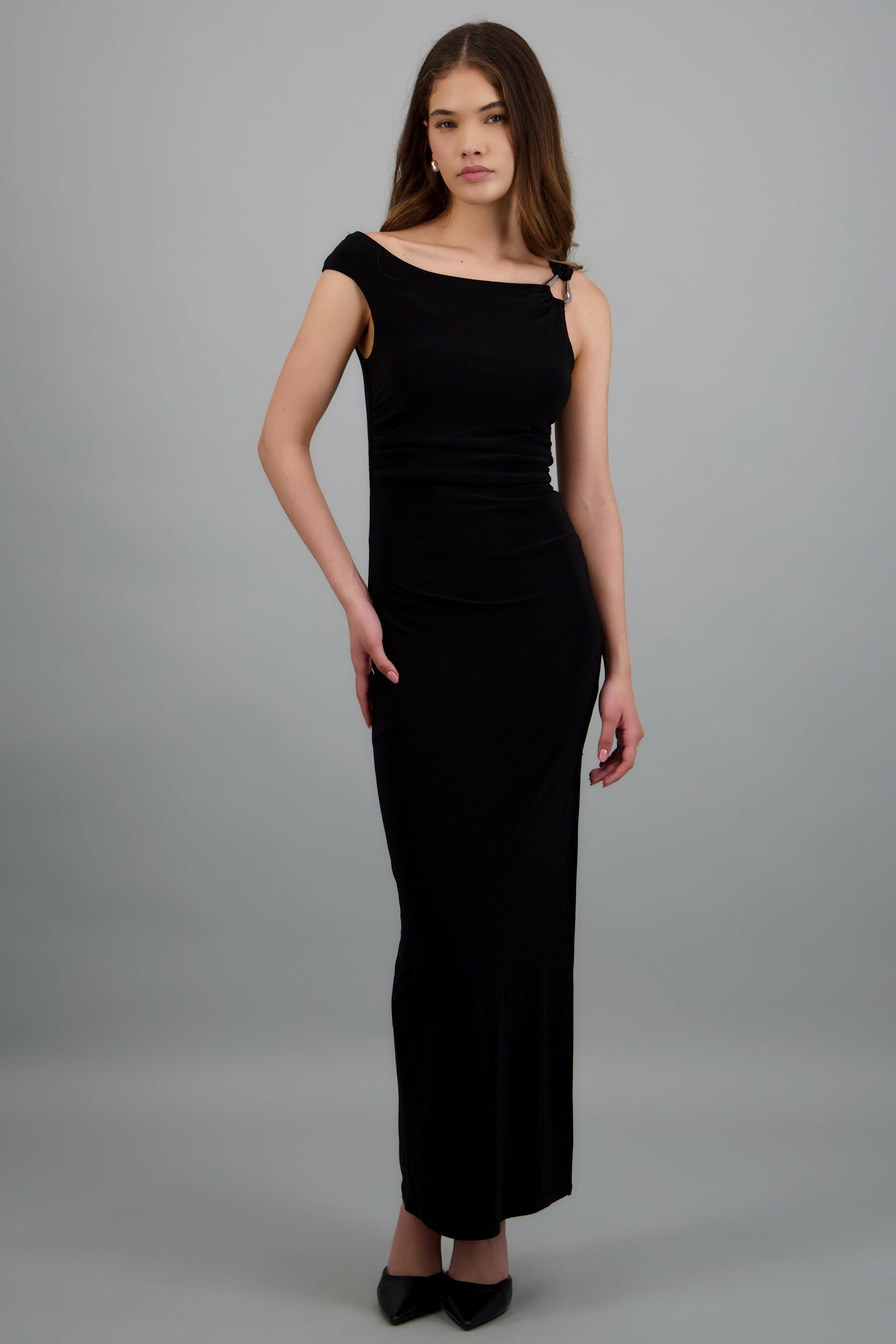 Vestido maxi sin manga detalle fruncido NEGRO