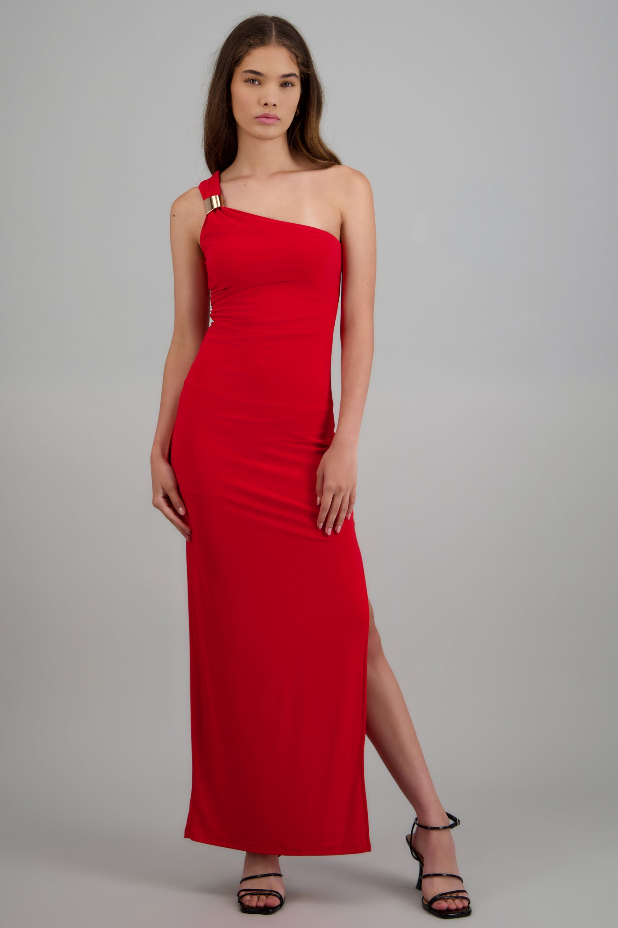 Vestido maxi off shoulder detalle herraje ROJO
