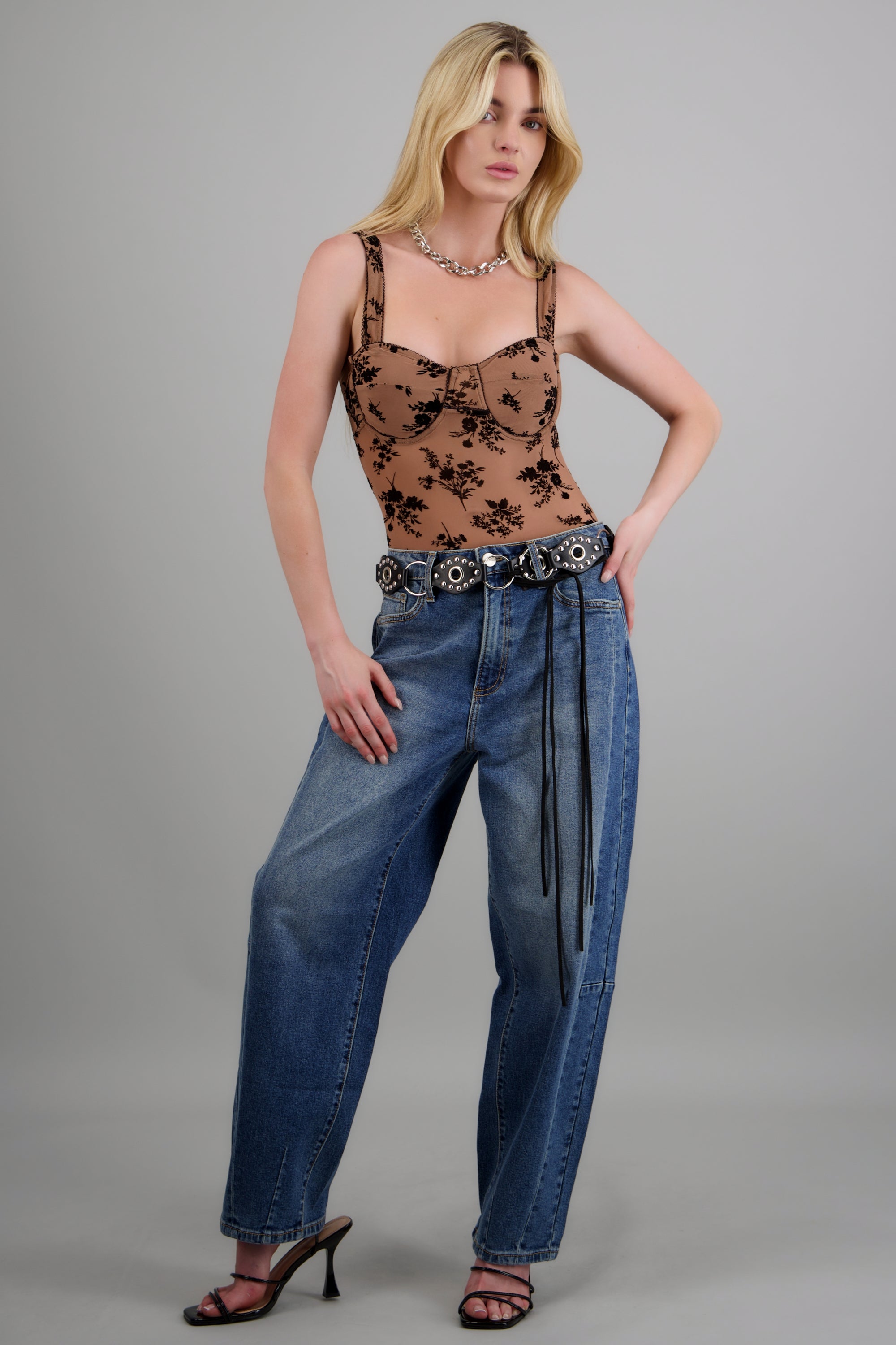 Bodysuit mesh flock flores con copas KHAKI COMBO