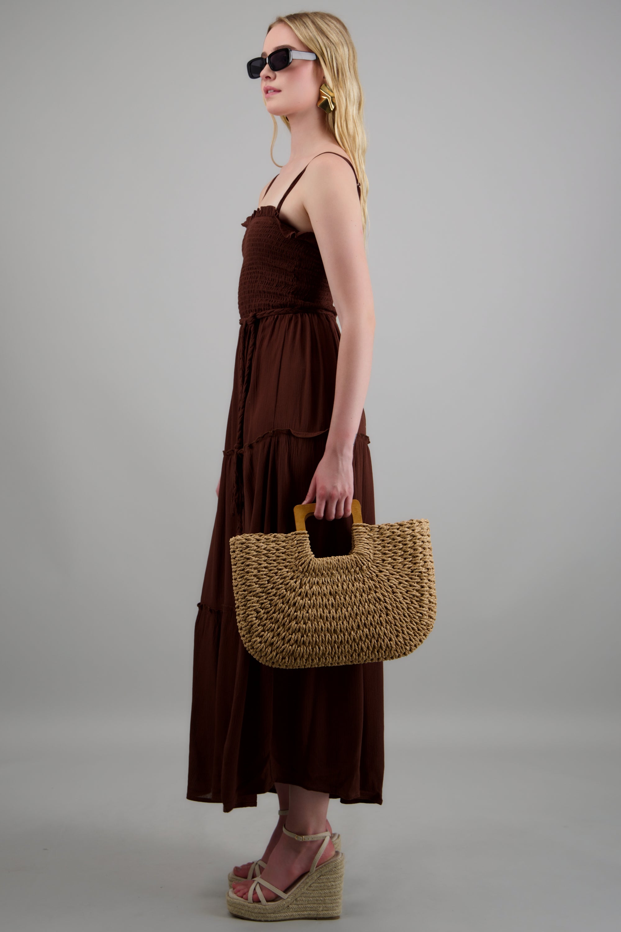 Vestido maxi con cinturon trenzado CHOCOLATE