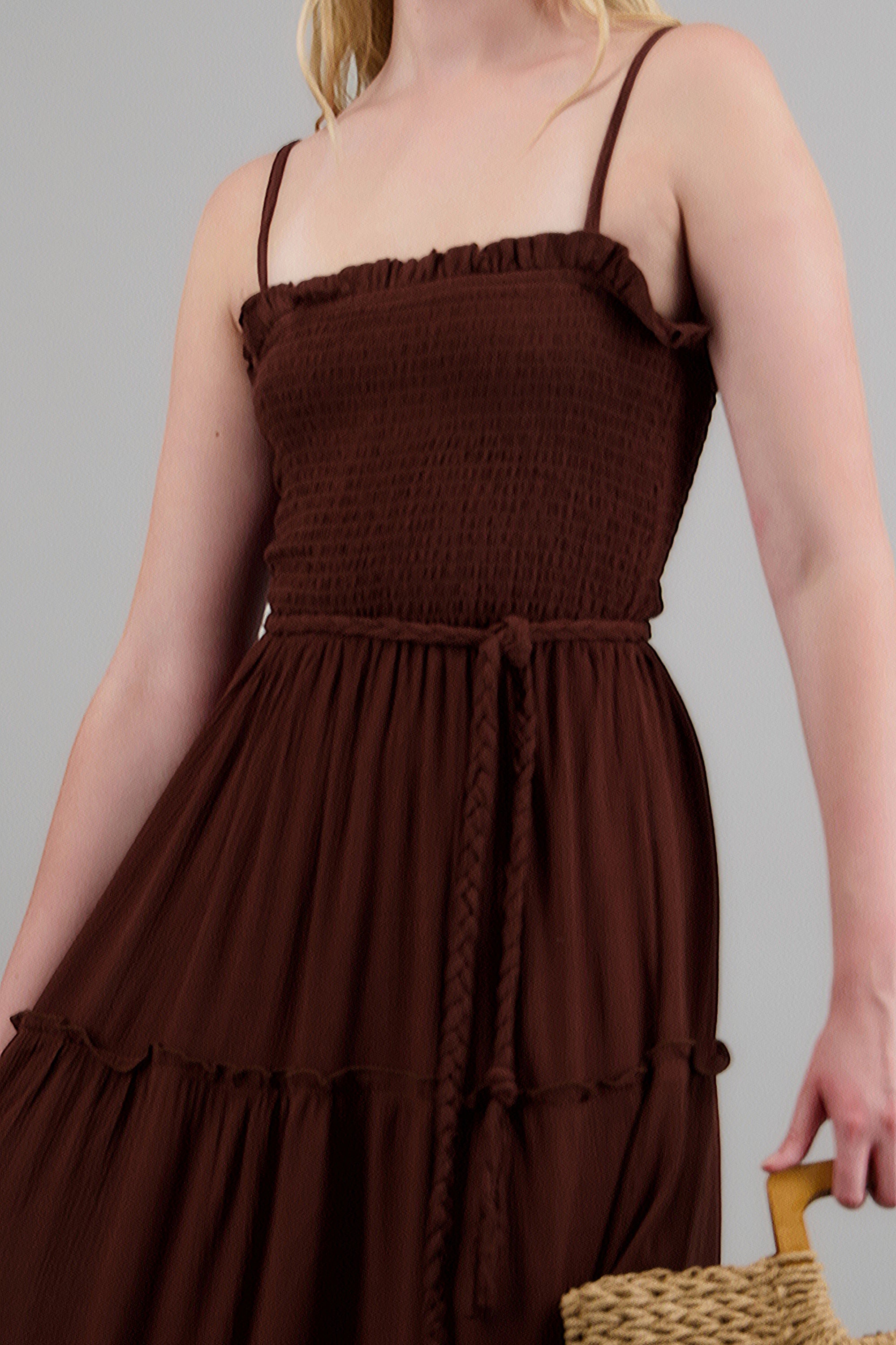 Vestido maxi con cinturon trenzado CHOCOLATE