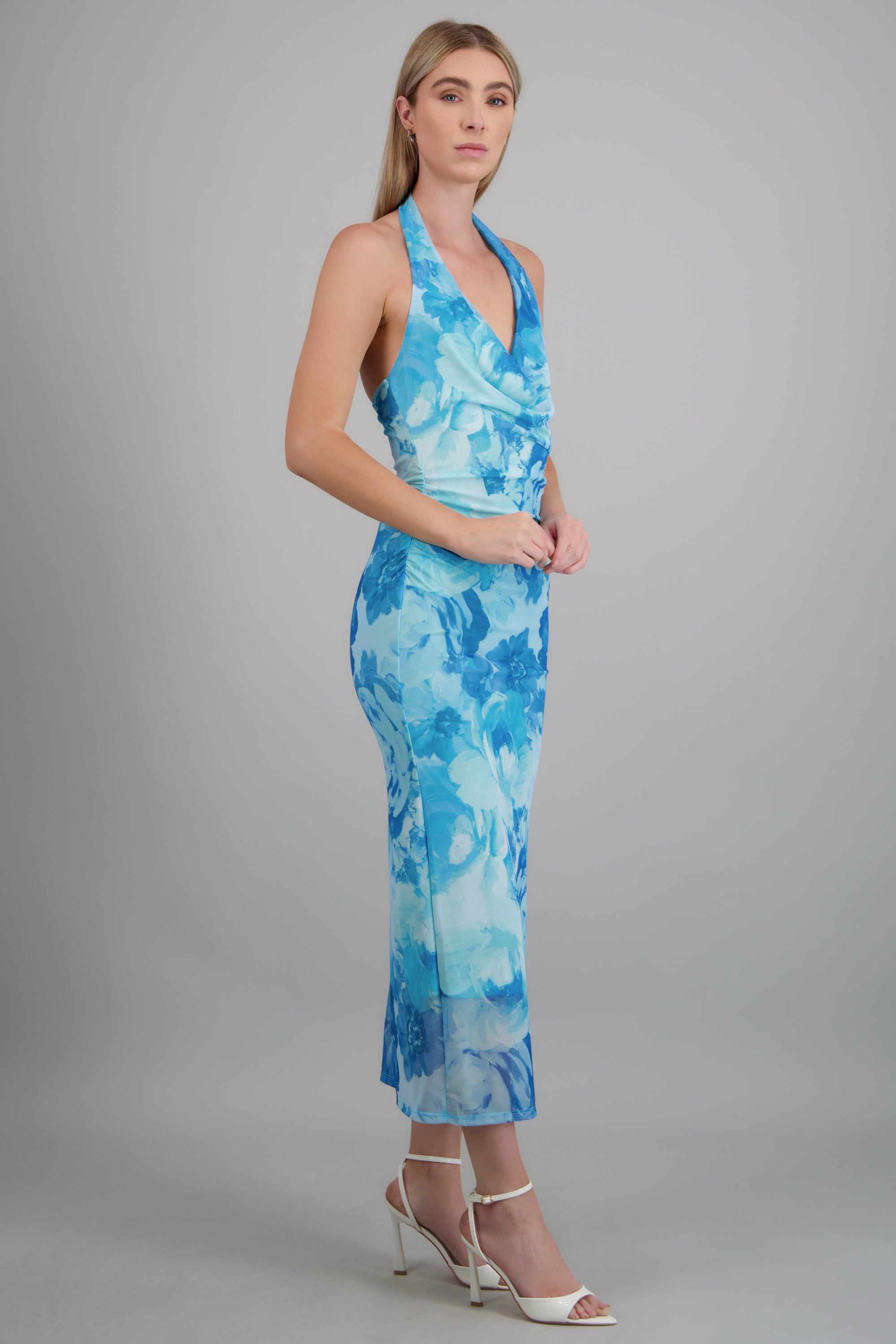 Vestido cuello cascada estampado AZUL COMBO