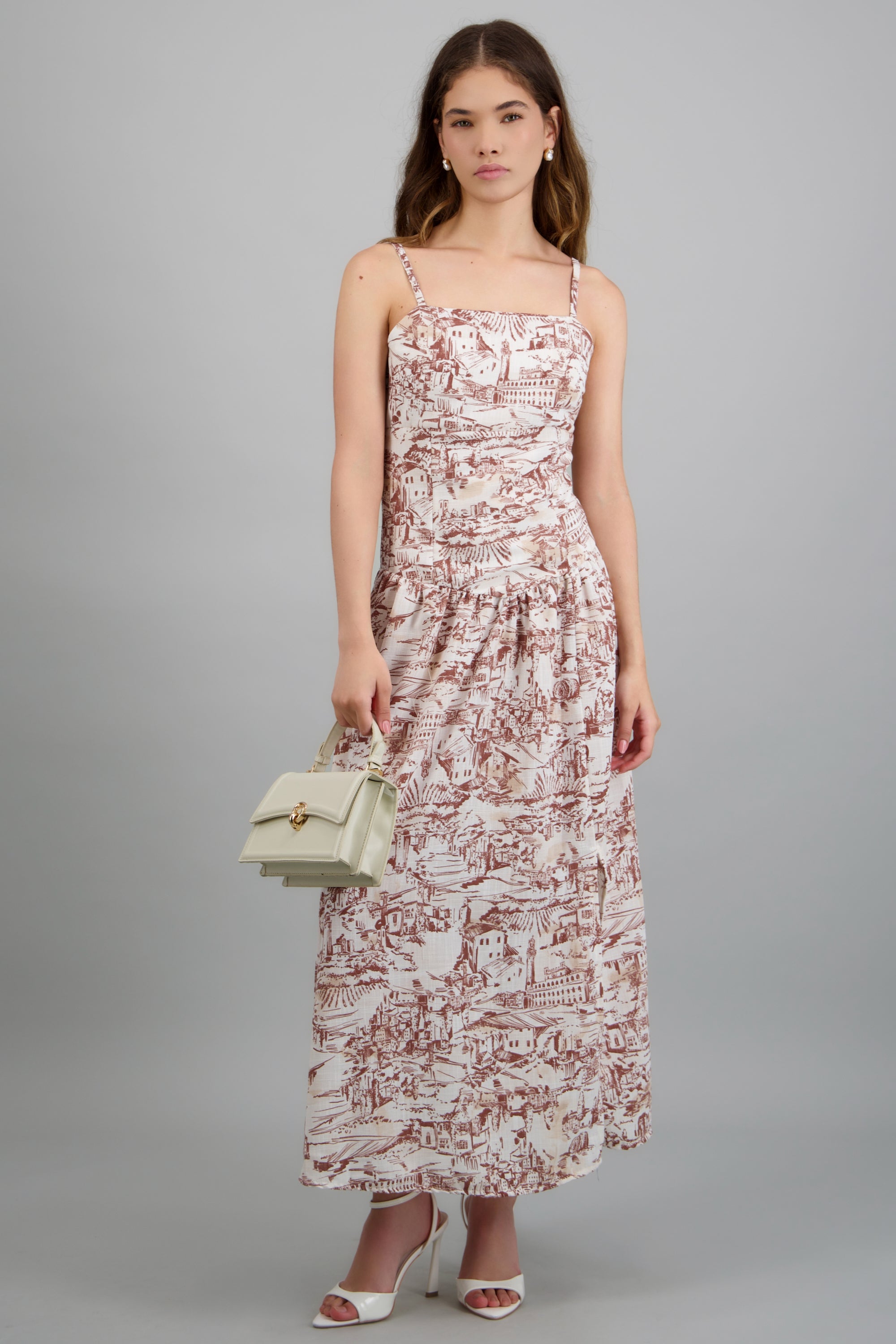 Vestido maxi sin mangas detalle estampado HUESO COMBO